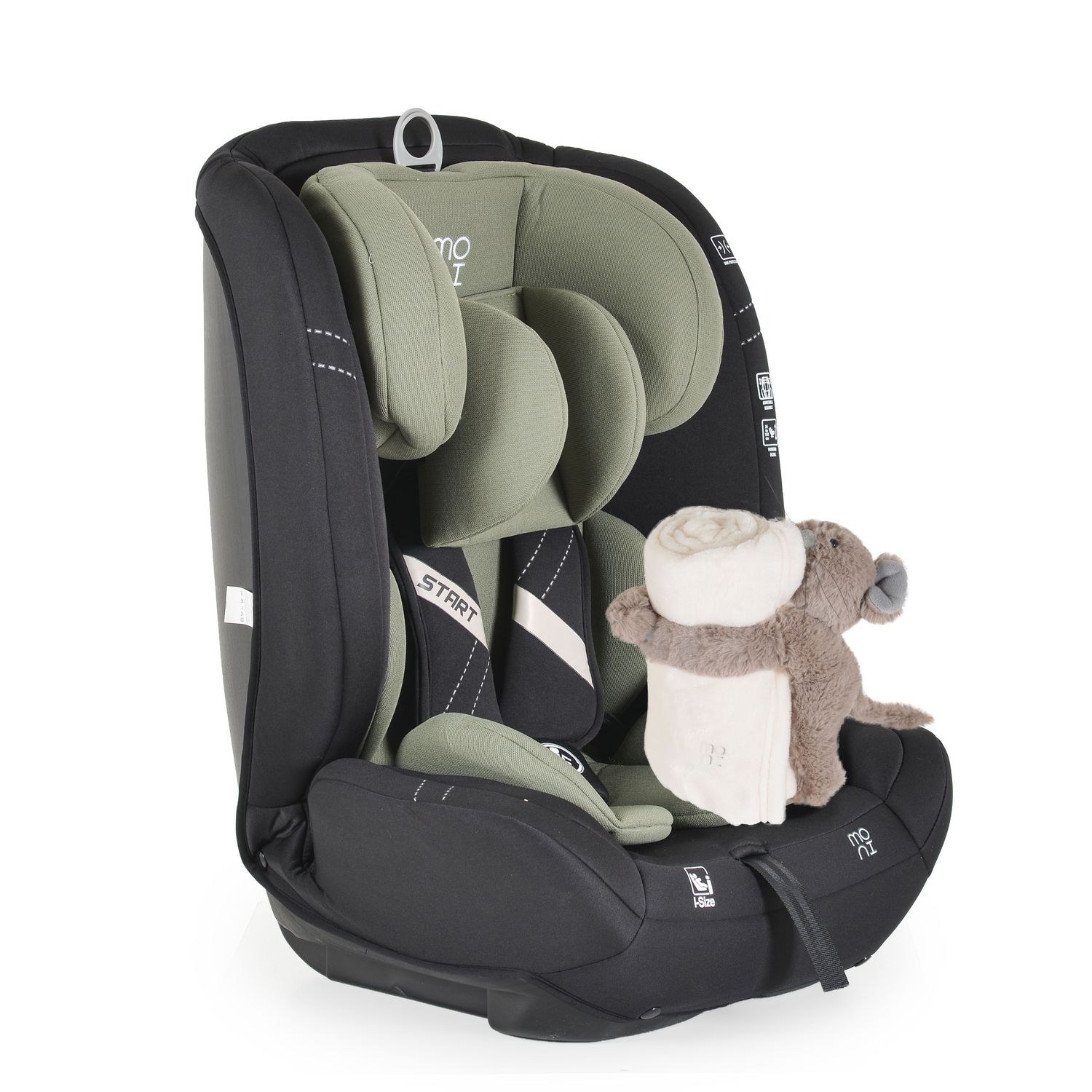 Moni Kindersitz i-Size Start (76-150cm) Kopfst&uuml;tze verstellbar, Kuscheltier gr&uuml;n 
