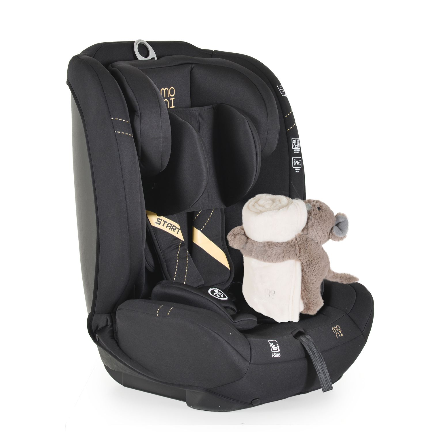 Moni Kindersitz i-Size Start (76-150cm) Kopfst&uuml;tze verstellbar, Kuscheltier schwarz 