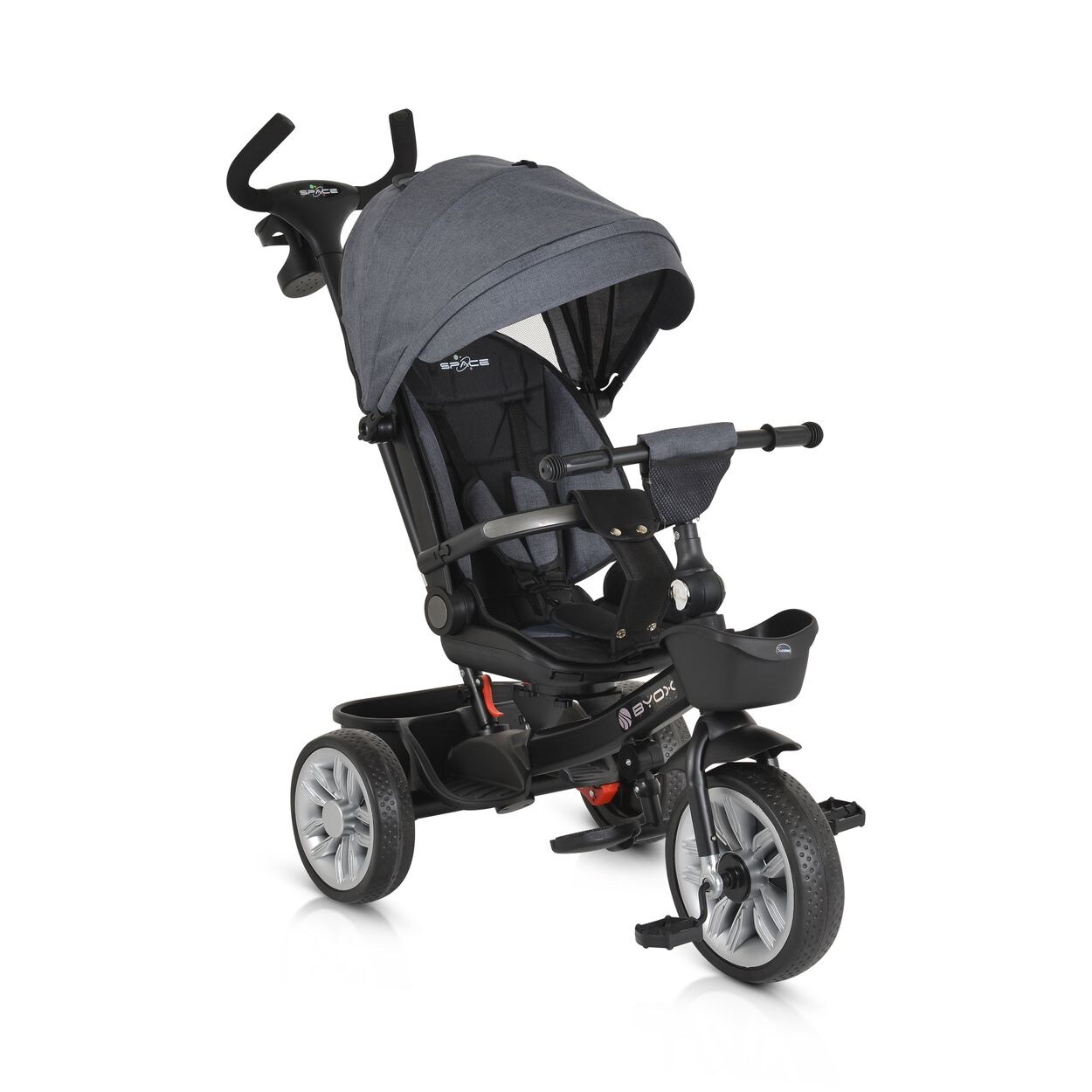 Tricycle Space 3 in 1 Dreirad Getränkehalter, Korb, Schiebegriff, EVA-Räder grau