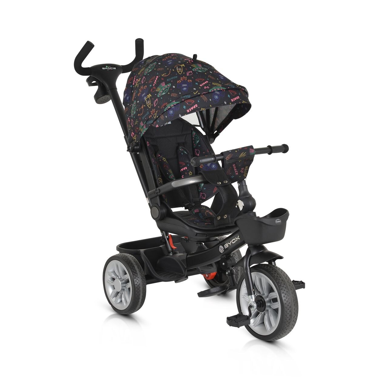 Tricycle Space 3 in 1 Dreirad Getränkehalter, Korb, Schiebegriff, EVA-Räder bunt