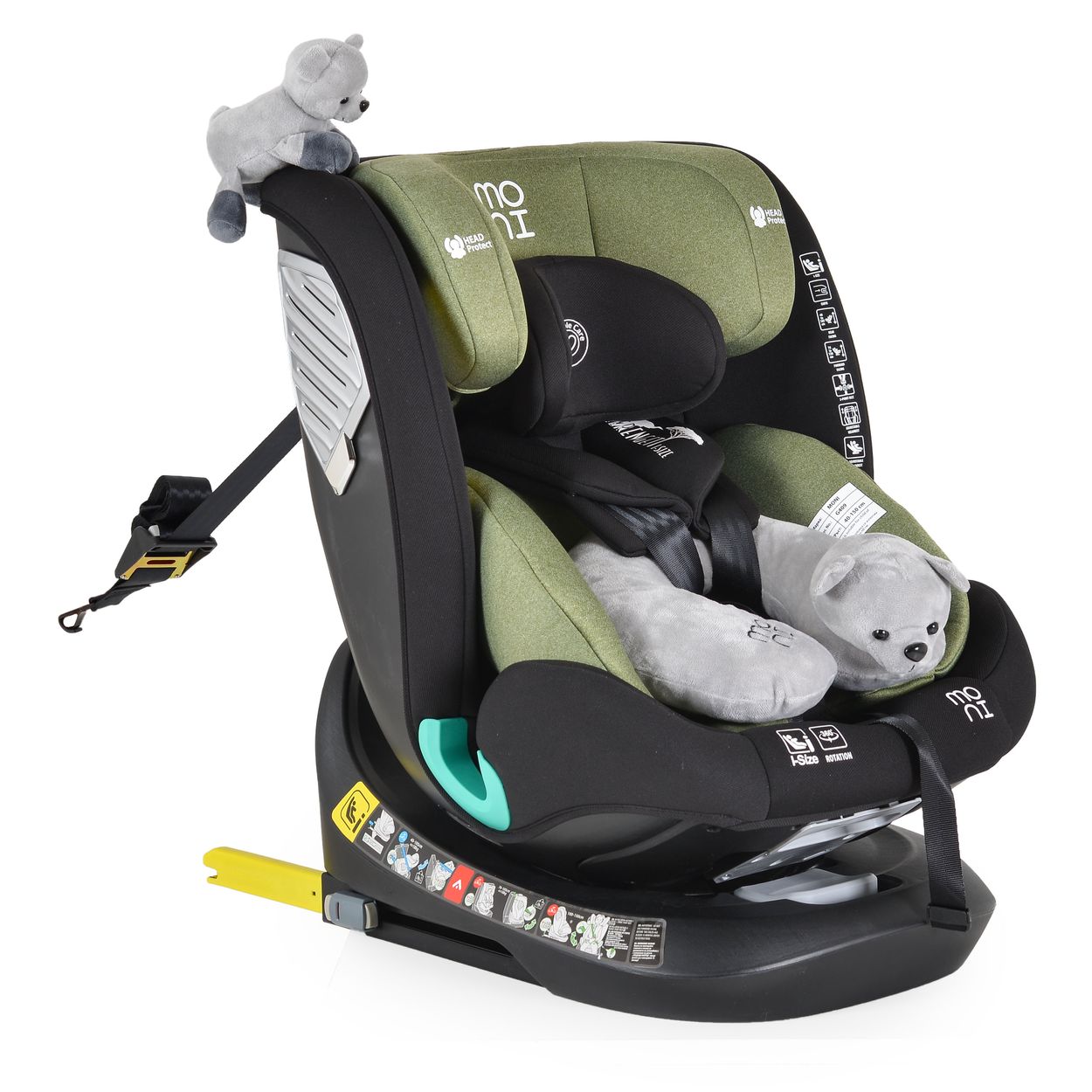 Moni Kindersitz Serengeti i-Size (40-150cm) Isofix, Kuscheltier, Nackenkissen gr&uuml;n 