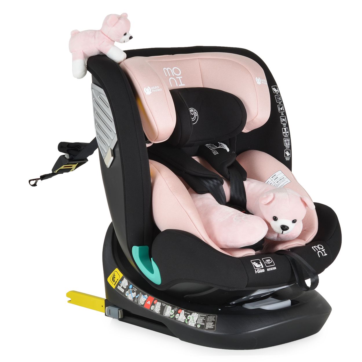 Moni Kindersitz Serengeti i-Size (40-150cm) Isofix, Kuscheltier, Nackenkissen rosa 