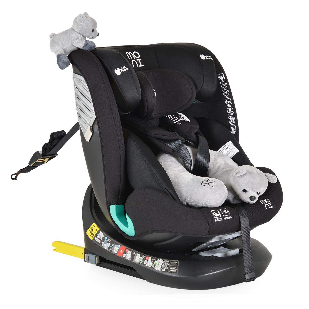 Moni Kindersitz Serengeti i-Size (40-150cm) Isofix, Kuscheltier, Nackenkissen schwarz 
