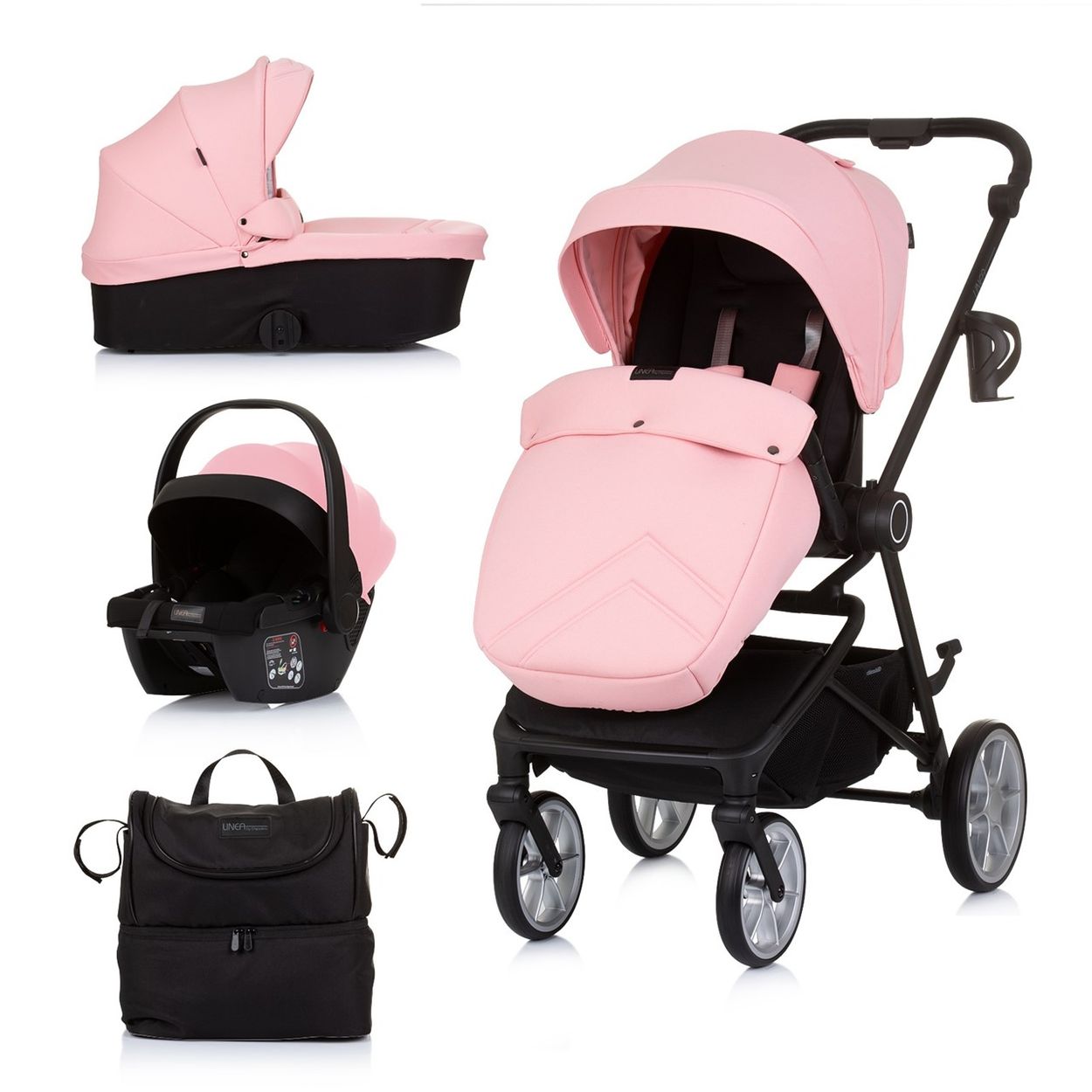 Chipolino 3 in 1 Kombikinderwagen Linea, Sportsitz, i-Size Babyschale, Babywanne rosa 
