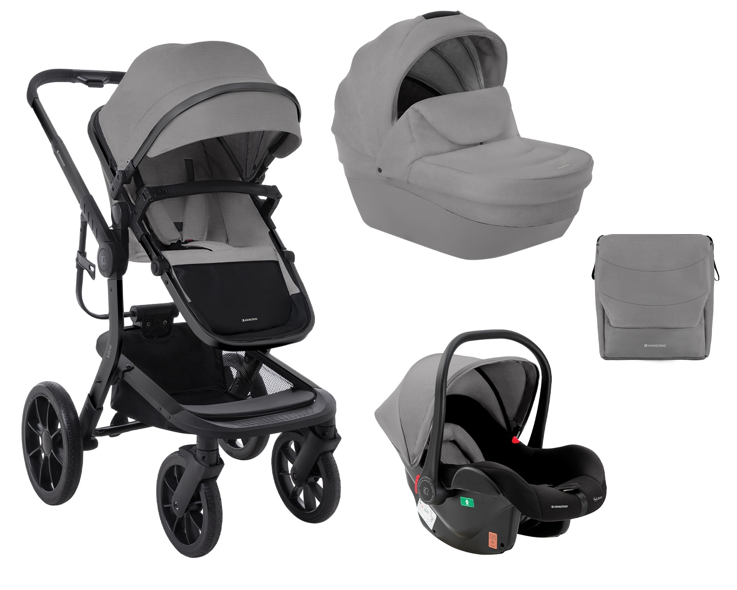 Kikkaboo Kombikinderwagen Irene 3 in 1 Babywanne Autositz Adapter Wickeltasche grau schwarz 