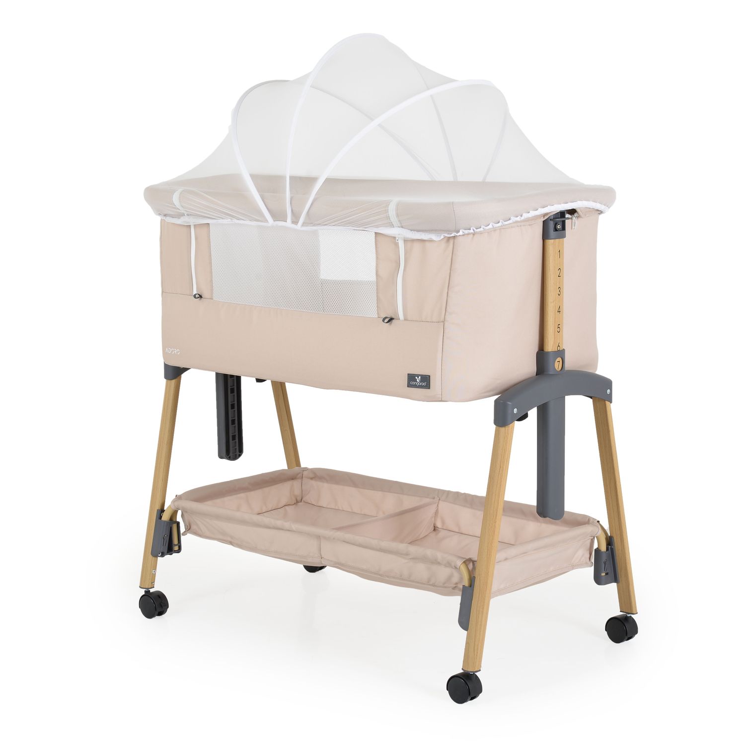 Cangaroo Babybett, Beistellbett Adoro, verstellbar, Matratze, Moskitonetz, R&auml;der beige 