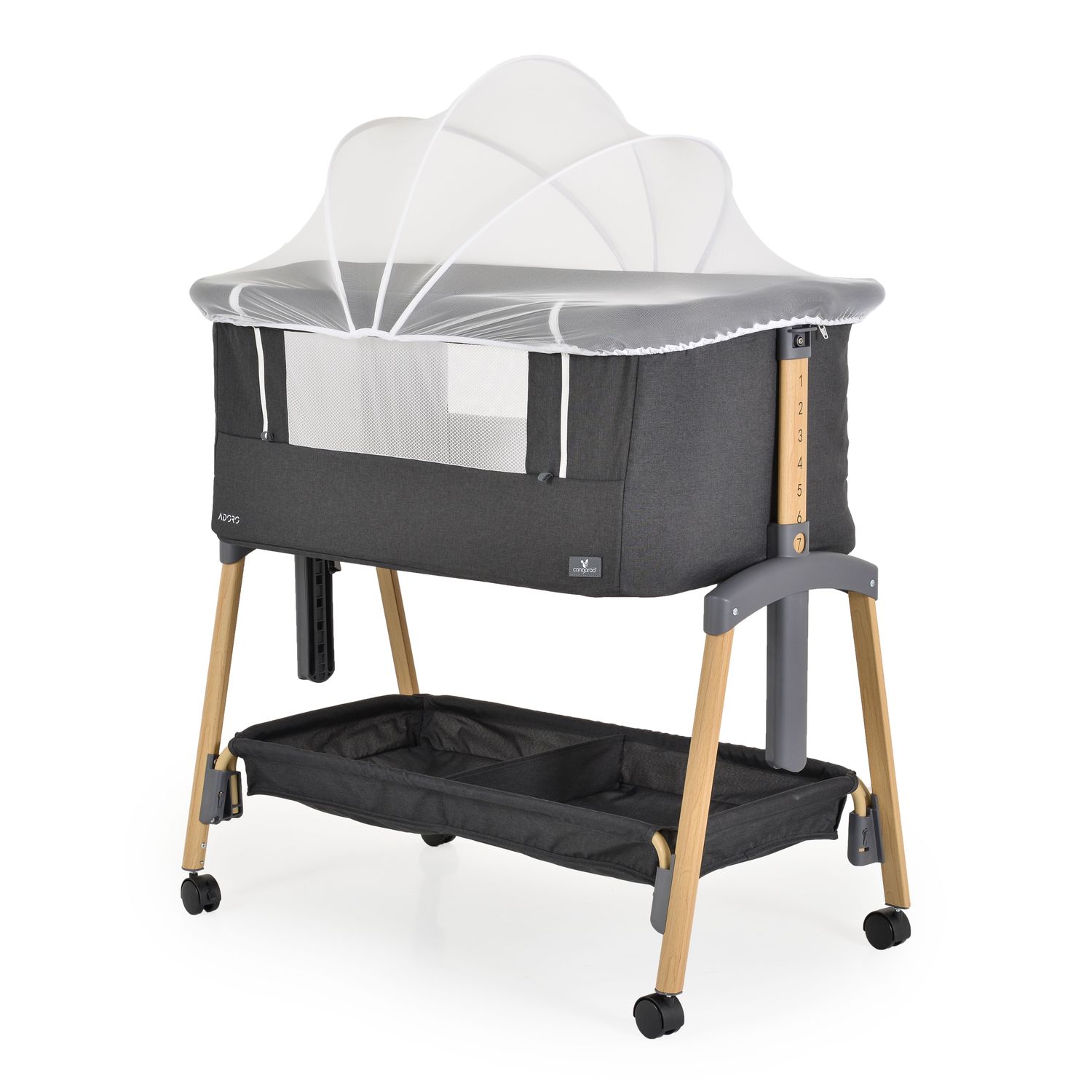 Cangaroo Babybett, Beistellbett Adoro, verstellbar, Matratze, Moskitonetz, R&auml;der schwarz 