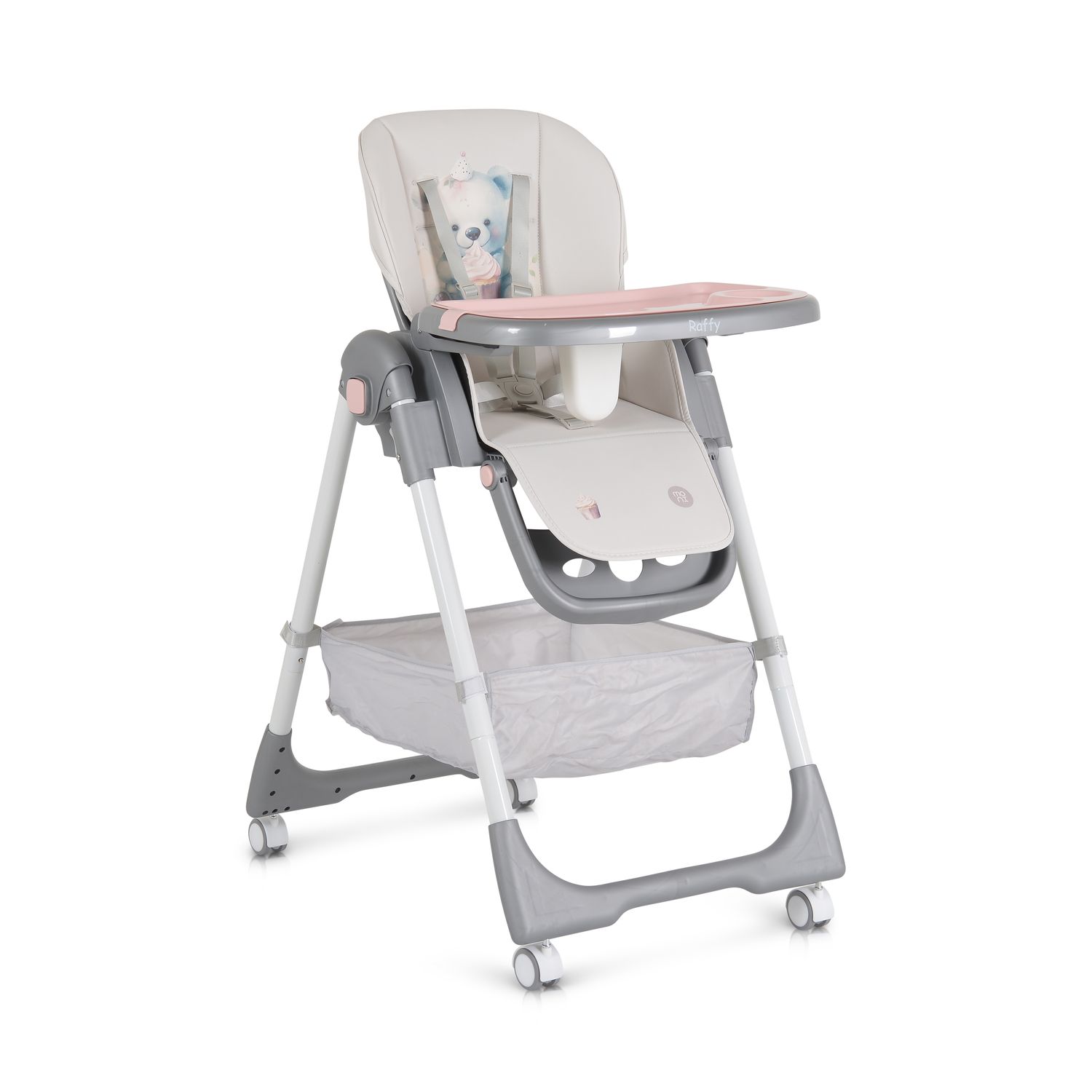 Moni Kinderhochstuhl Raffy klappbar 4 R&auml;der, R&uuml;ckenlehne verstellbar, Korb, Gurt rosa 