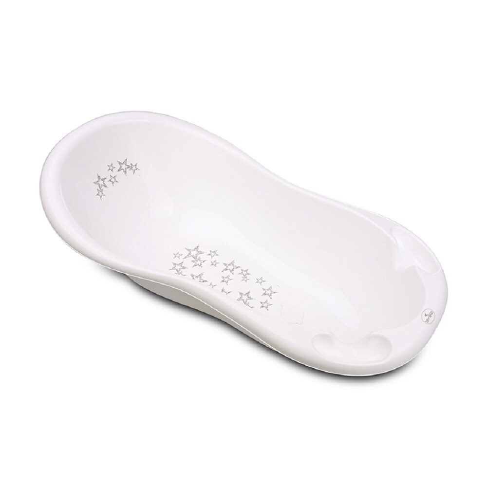 Lorelli Baby Badewanne 100 cm mit Anti-Rutsch-Matte, Wasserablauf, Ablagef&auml;cher wei&szlig; Sterne 