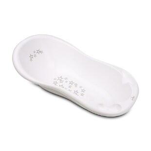 Lorelli Baby Badewanne 100 cm mit Anti-Rutsch-Matte, Wasserablauf, Ablagefächer weiß Sterne 