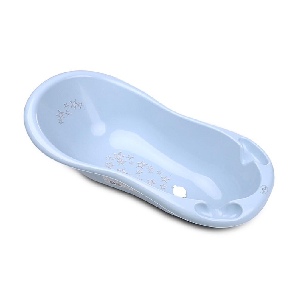 Baby Badewanne 100 cm mit Anti-Rutsch-Matte, Wasserablauf, Ablagefächer blau Sterne