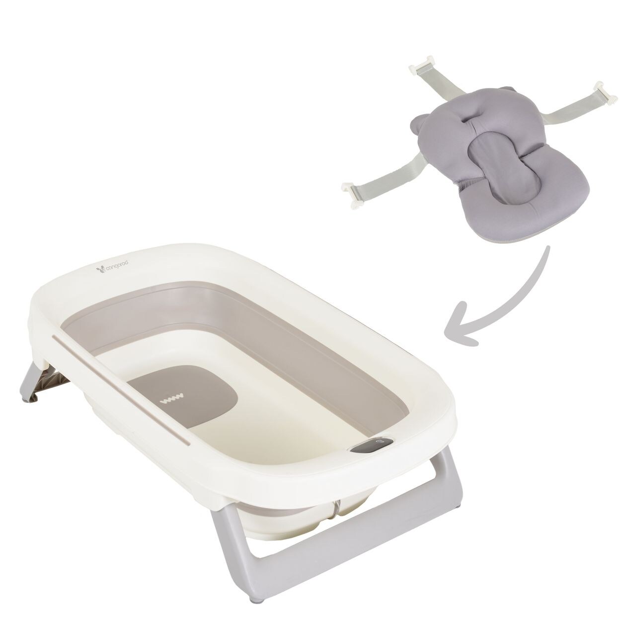 Babybadewanne Morea 81 cm, faltbar, eingebautes Thermometer, Badekissen grau