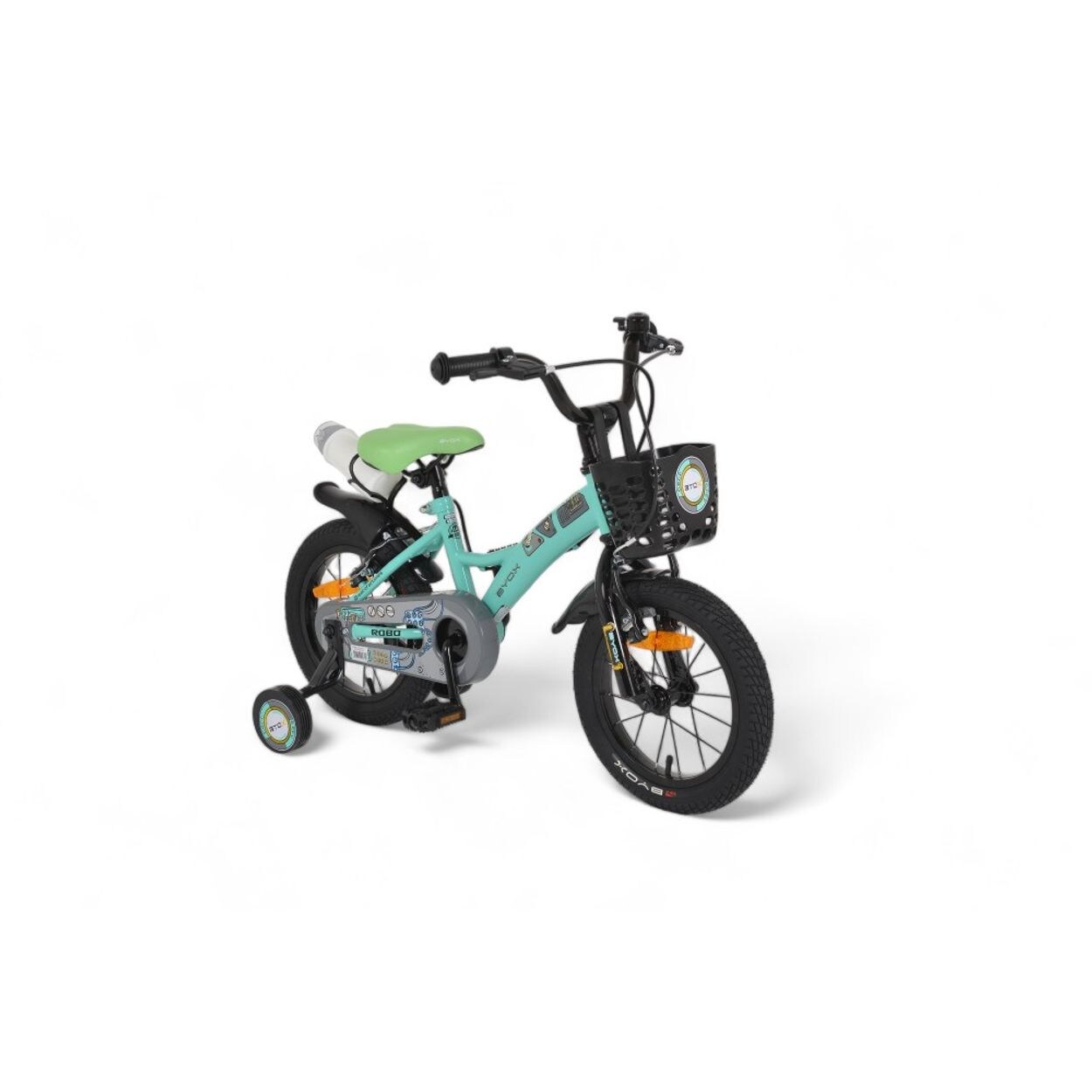 Kinderfahrrad Robo 14 Zoll, Stützräder, Frontkorb, Getränkehalter, Klingel türkis