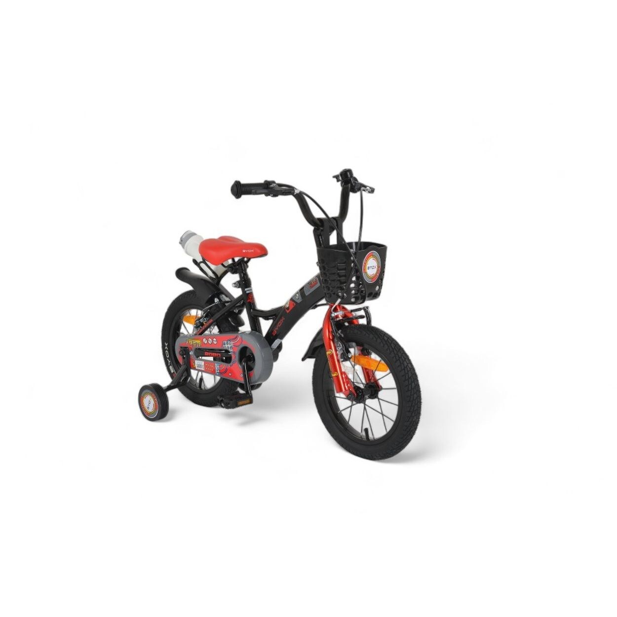 Kinderfahrrad Robo 14 Zoll, Stützräder, Frontkorb, Getränkehalter, Klingel schwarz