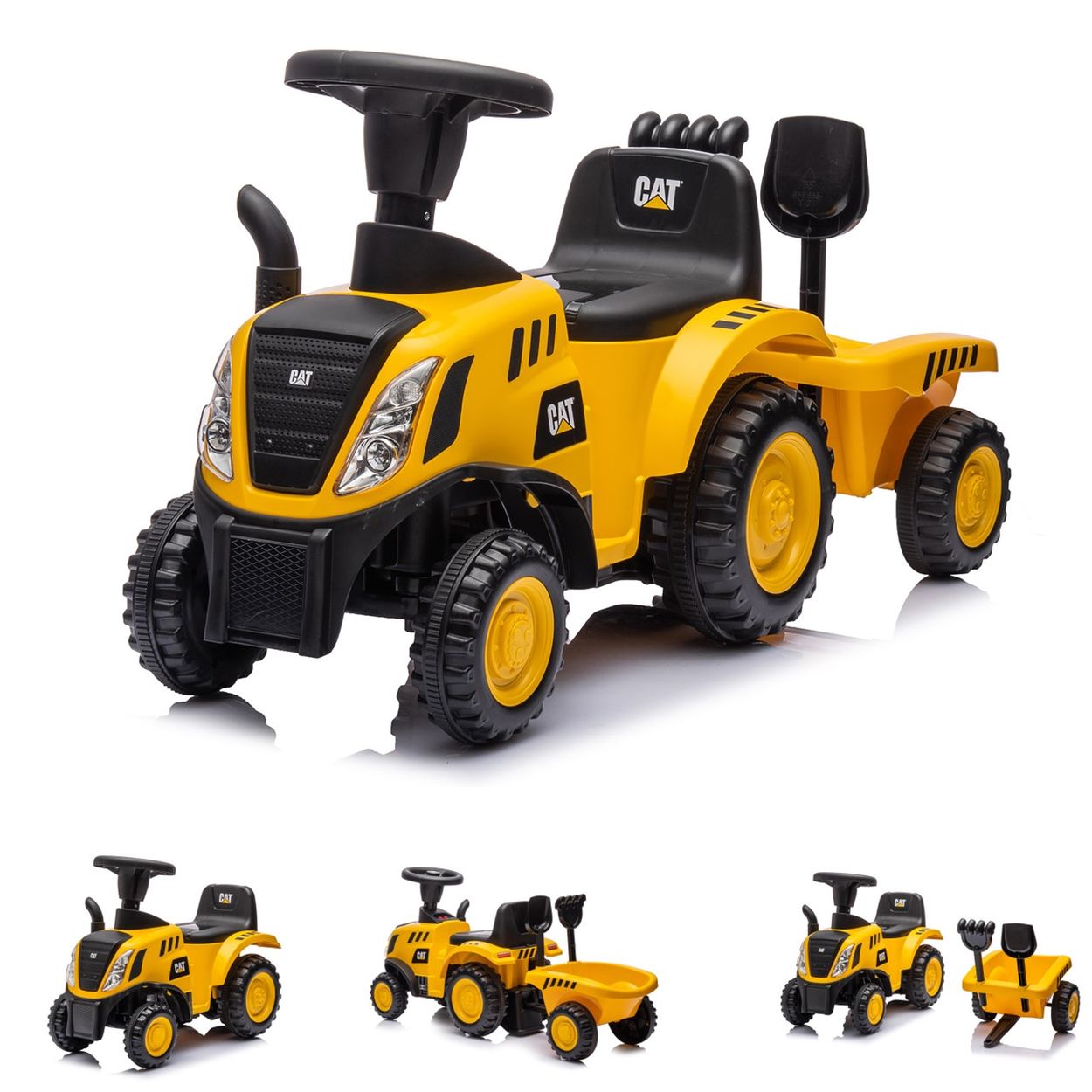 Chipolino Rutschfahrzeug CAT Traktor Musik, Stauraum, Anh&auml;nger, Schaufel, Rechen gelb 