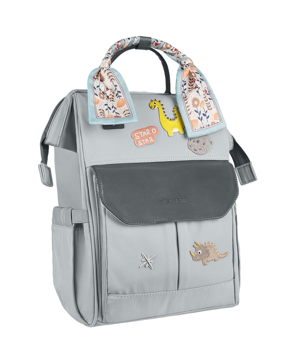 Kikkaboo Wickeltasche Myla Rucksack Tr&auml;ger einstellbar abnehmbare Abzeichen Dino grau 