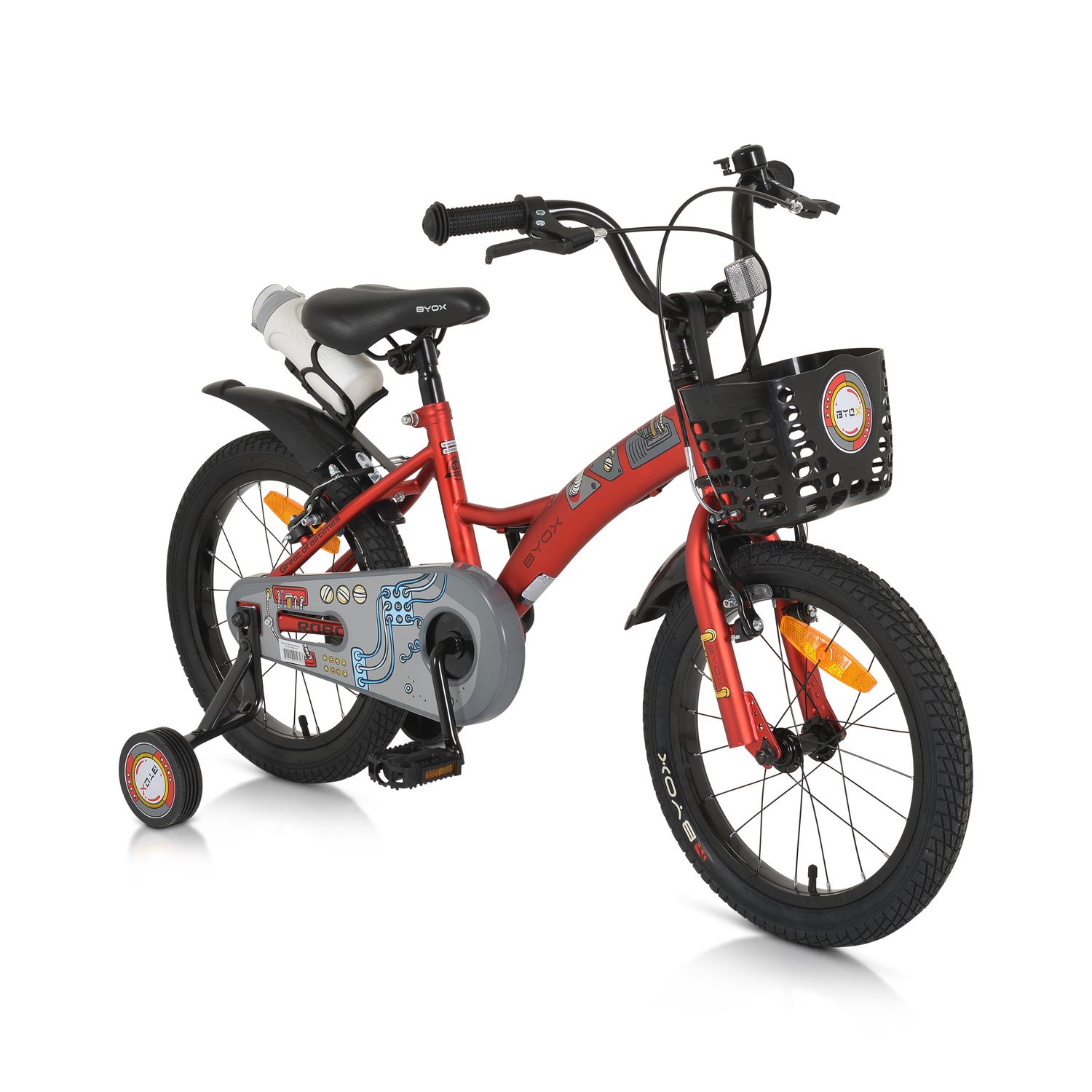 Byox Kinderfahrrad Robo 16 Zoll St&uuml;tzr&auml;der, Flasche, Klingel, Korb, Metallrahmen rot 