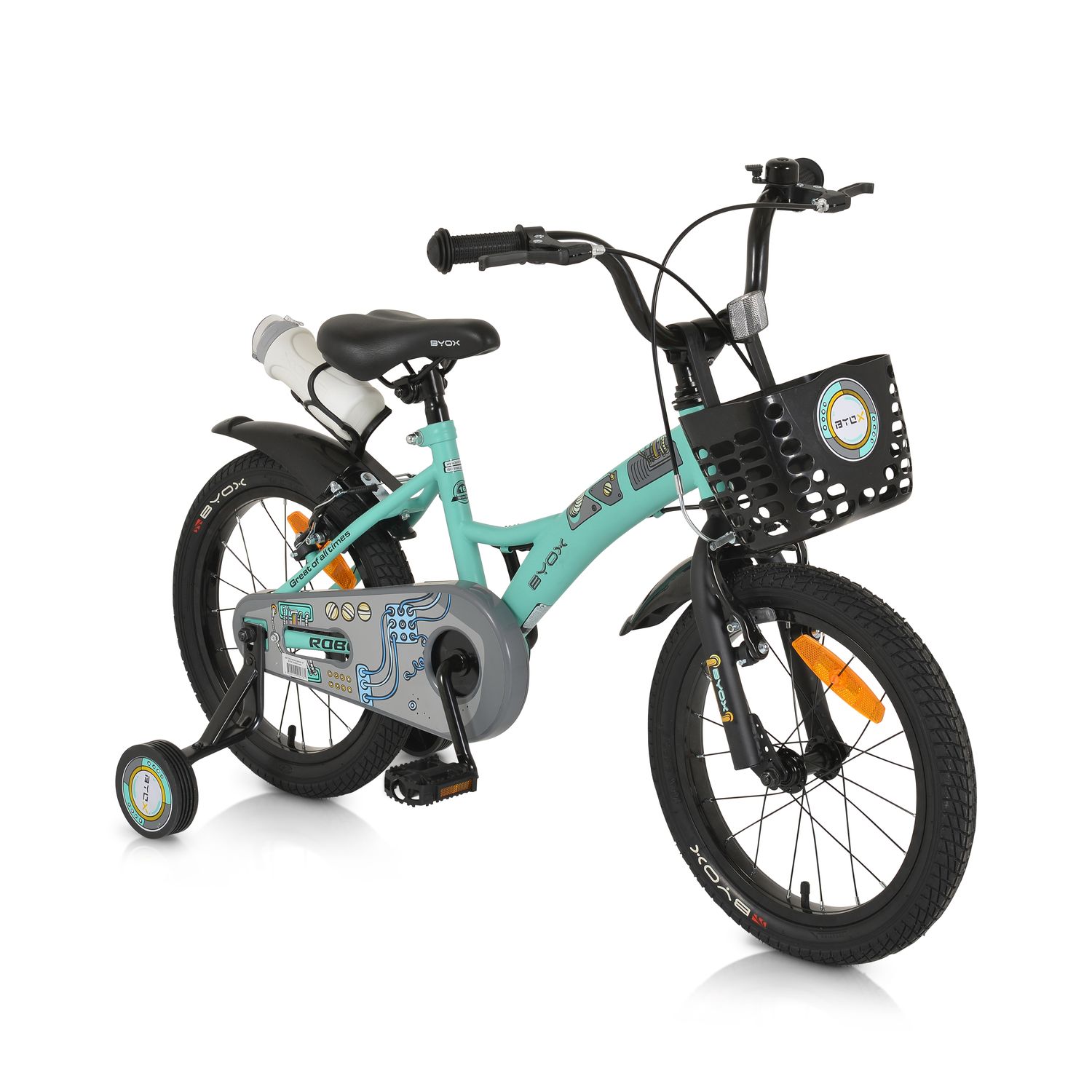 Byox Kinderfahrrad Robo 16 Zoll St&uuml;tzr&auml;der, Flasche, Klingel, Korb, Metallrahmen gr&uuml;n 