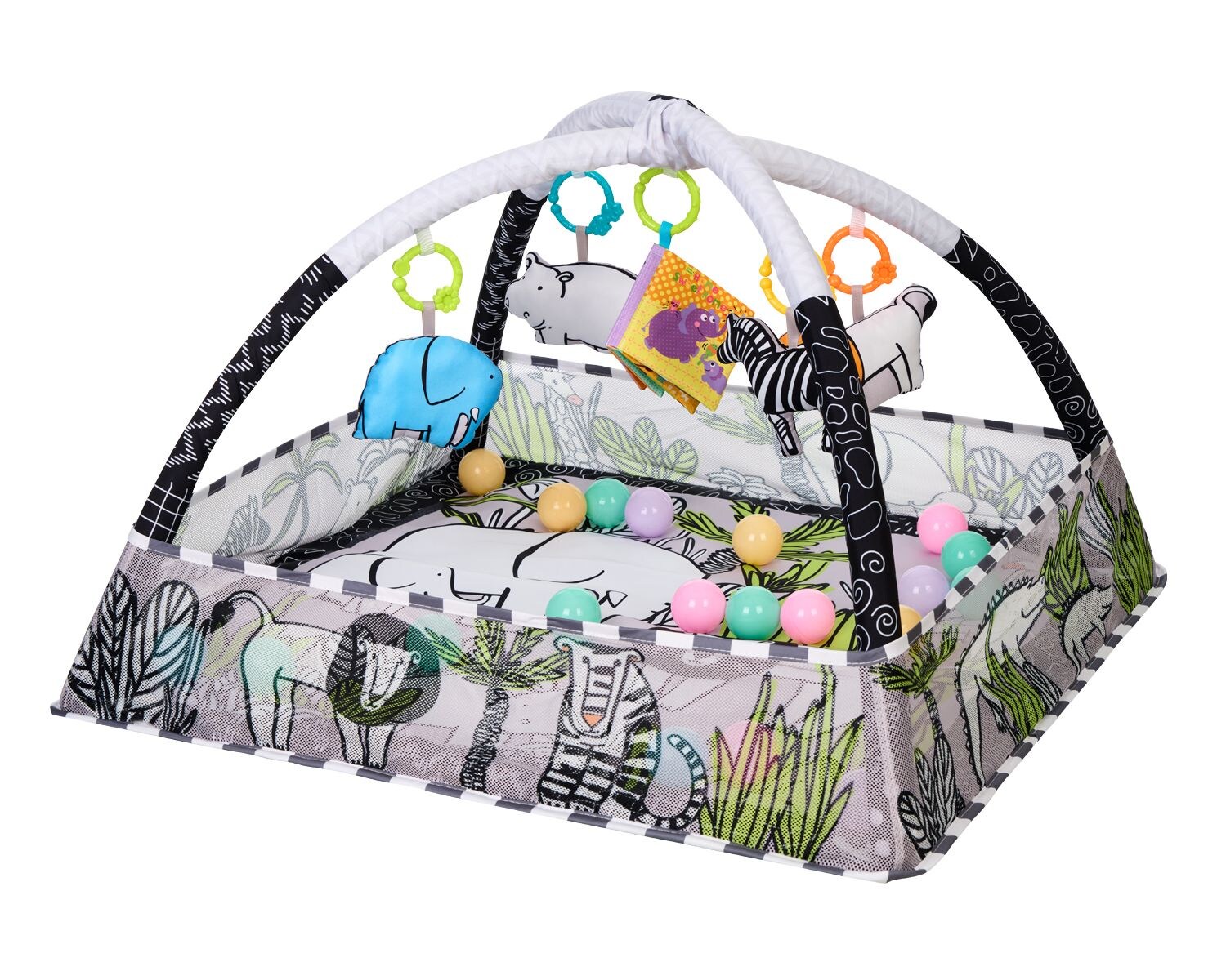 Spielbogen, Krabbeldecke 2 in 1, Greiflinge, 18 Spielbälle, Bällebad grau