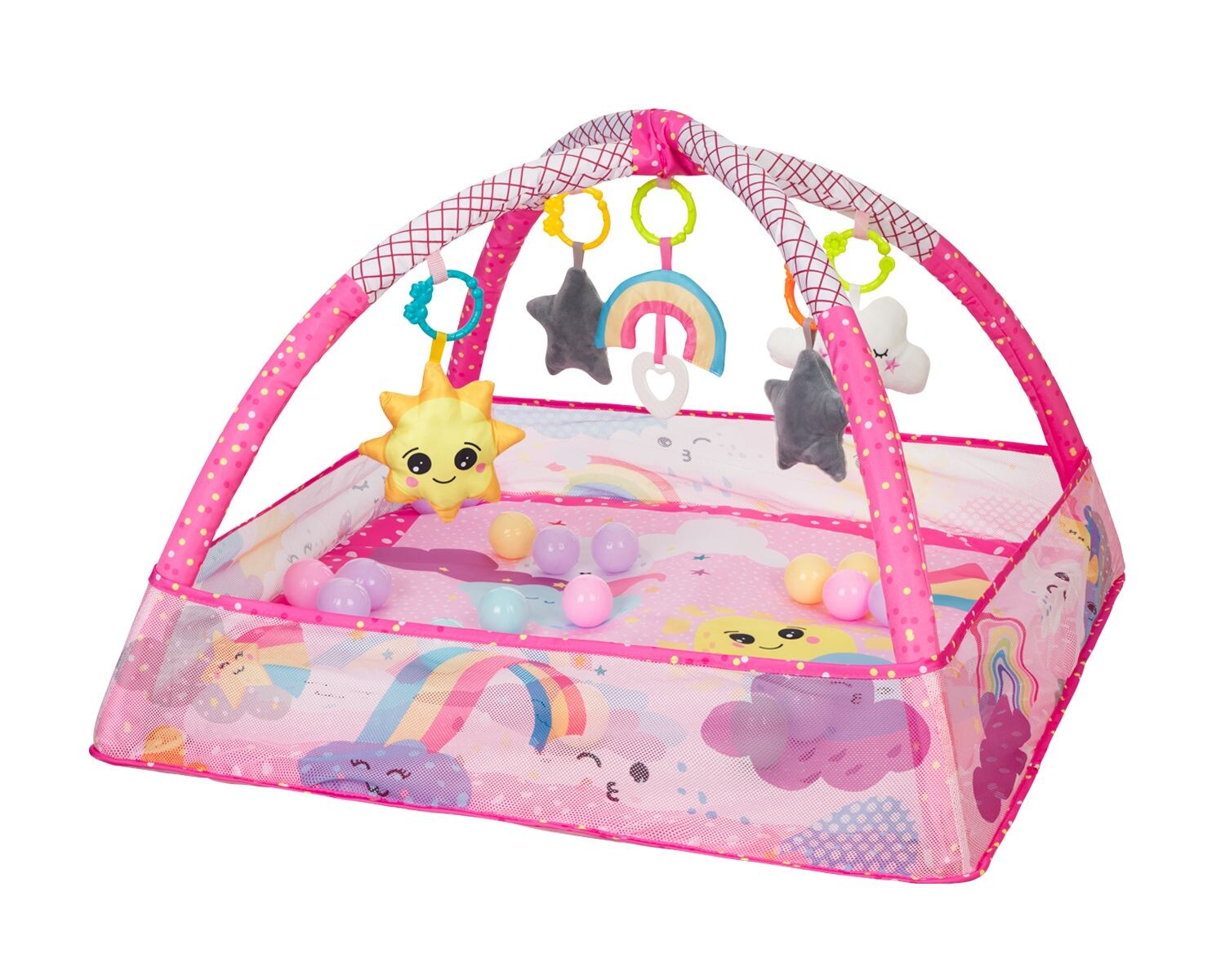 Spielbogen, Krabbeldecke 2 in 1, Greiflinge, 18 Spielbälle, Bällebad pink