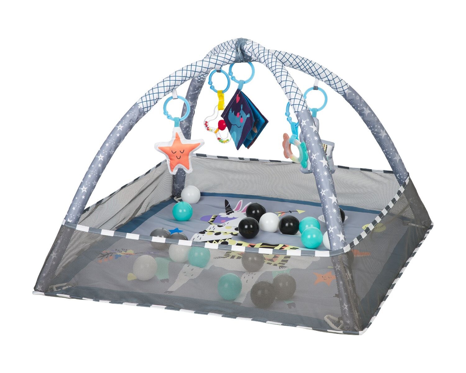 Spielbogen, Krabbeldecke 2 in 1, Greiflinge, 18 Spielbälle, Bällebad hellblau