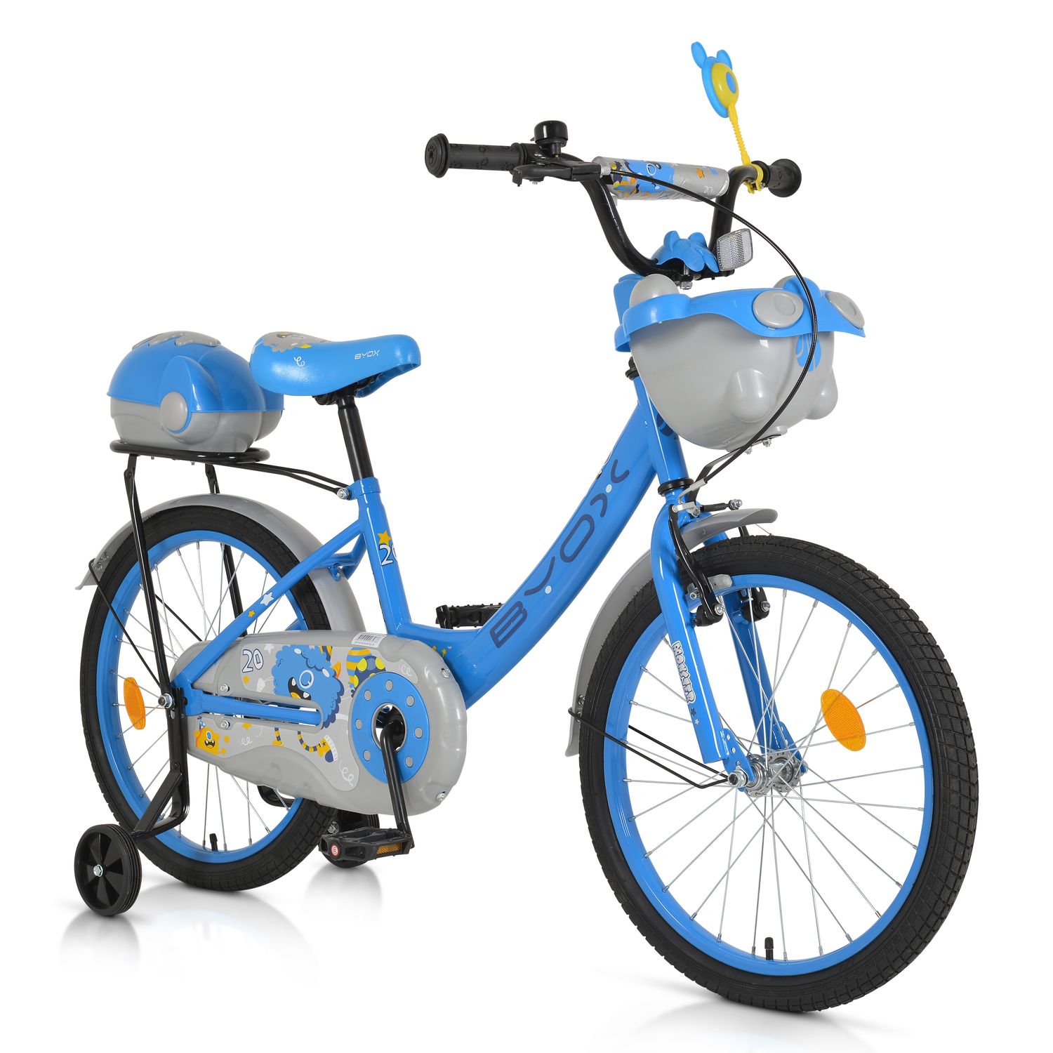 Byox Kinderfahrrad 20 Zoll 2002, St&uuml;tzr&auml;der, Klingel, H&ouml;he einstellbar, K&ouml;rbe blau 