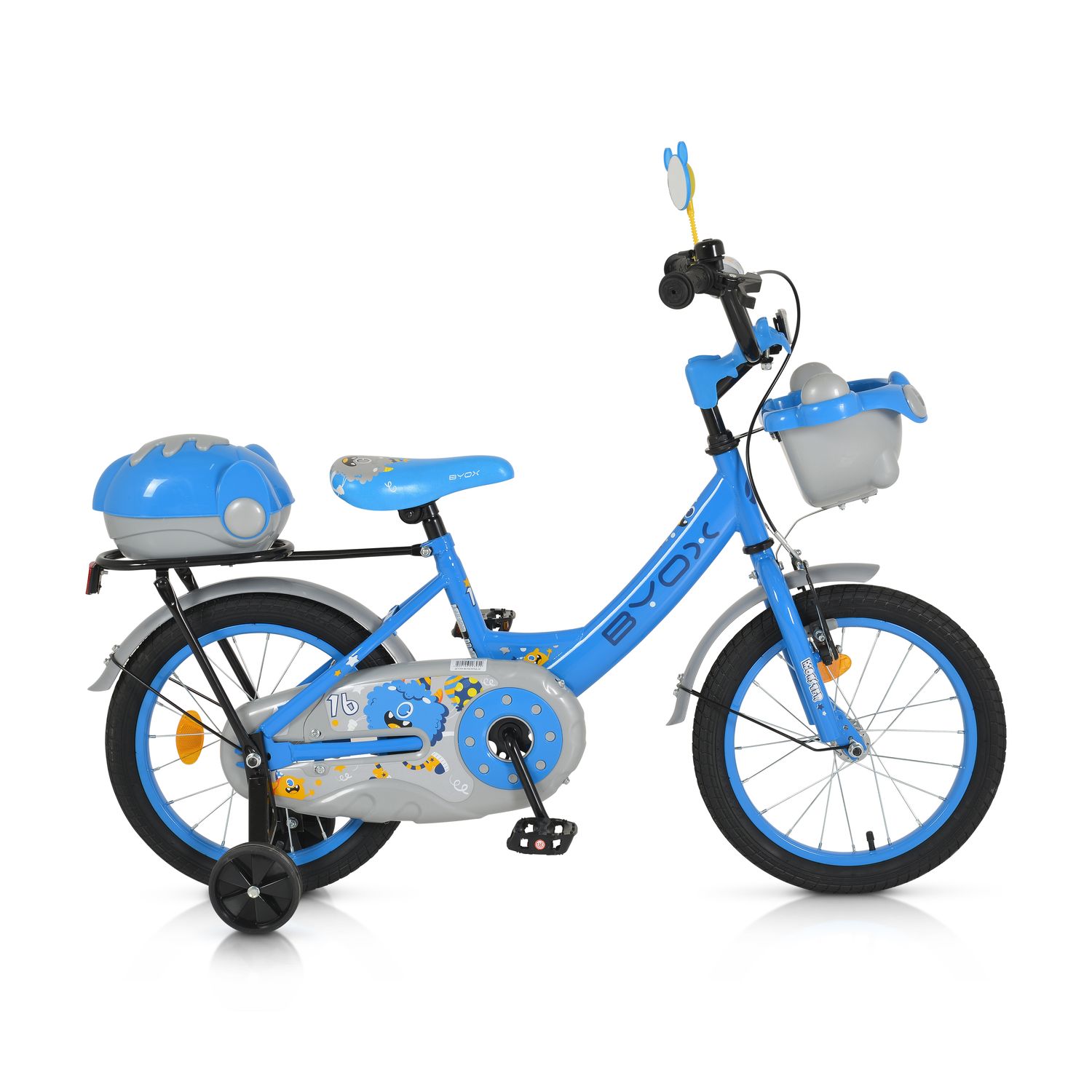 Byox Kinderfahrrad 16 Zoll 1602, St&uuml;tzr&auml;der, h&ouml;henverstellbar, Klingel, K&ouml;rbe blau 