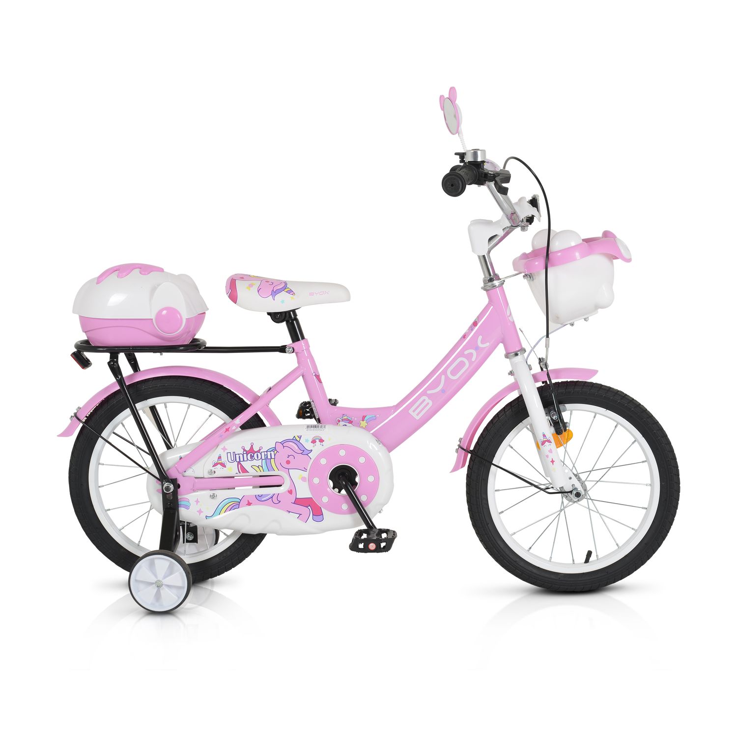 Byox Kinderfahrrad 16 Zoll 1602, St&uuml;tzr&auml;der, h&ouml;henverstellbar, Klingel, K&ouml;rbe rosa 
