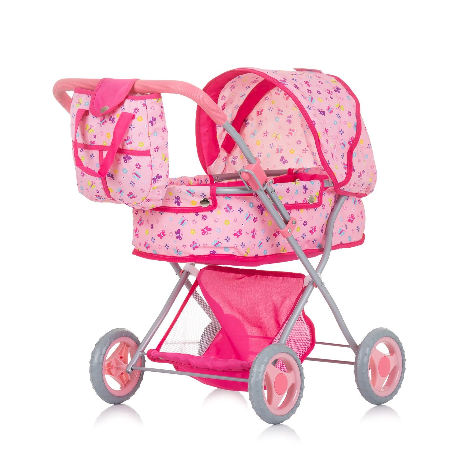 Puppenwagen Dora Tasche, klappbar, Softtragetasche, Korb, Sonnendach rosa Schmetterlinge