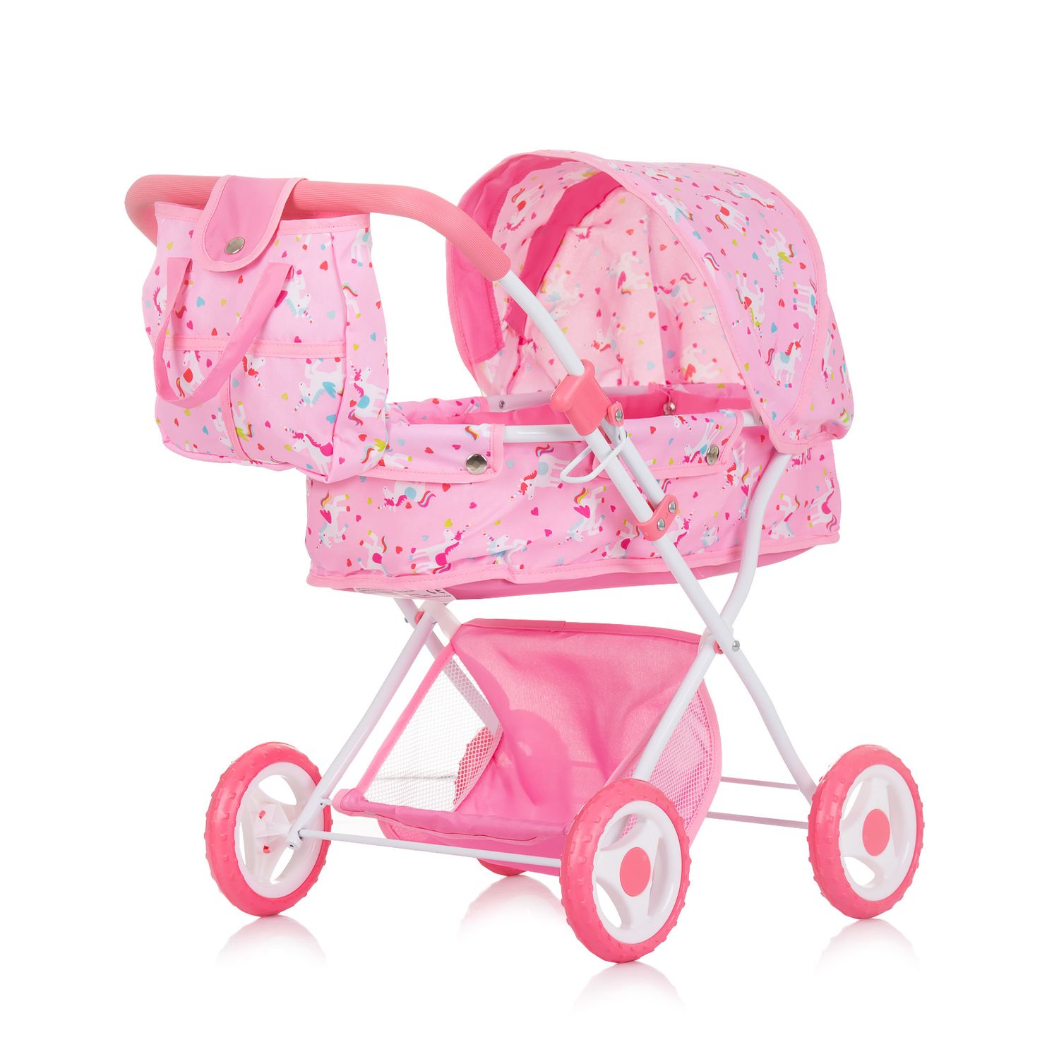 Chipolino Puppenwagen Dora Tasche, klappbar, Softtragetasche, Korb, Sonnendach rosa 