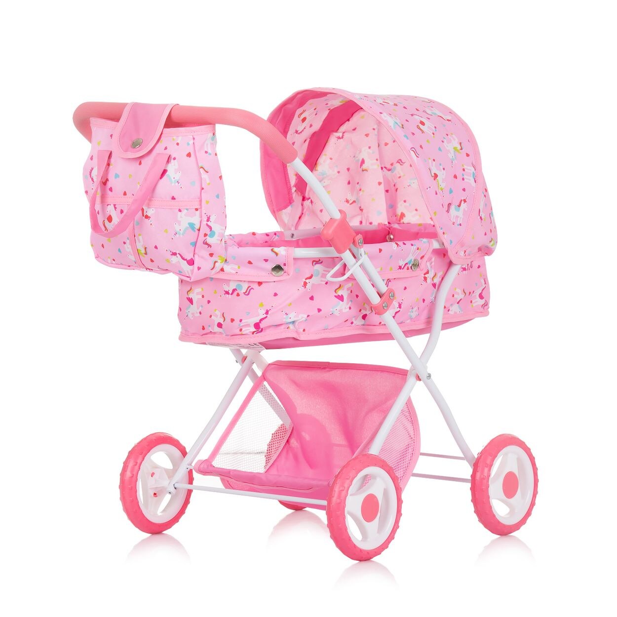 Puppenwagen Dora Tasche, klappbar, Softtragetasche, Korb, Sonnendach rosa