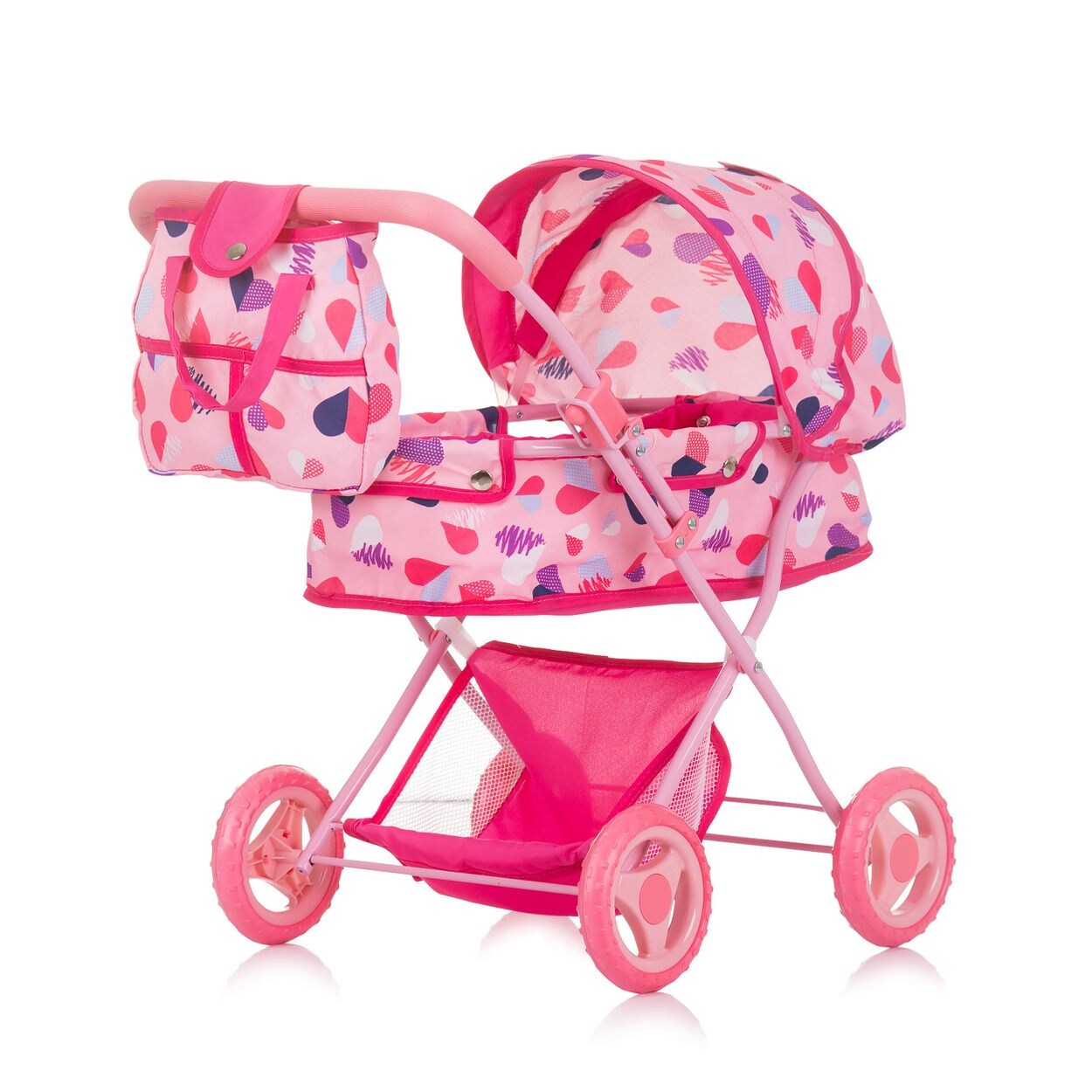 Puppenwagen Dora Tasche, klappbar, Softtragetasche, Korb, Sonnendach pink