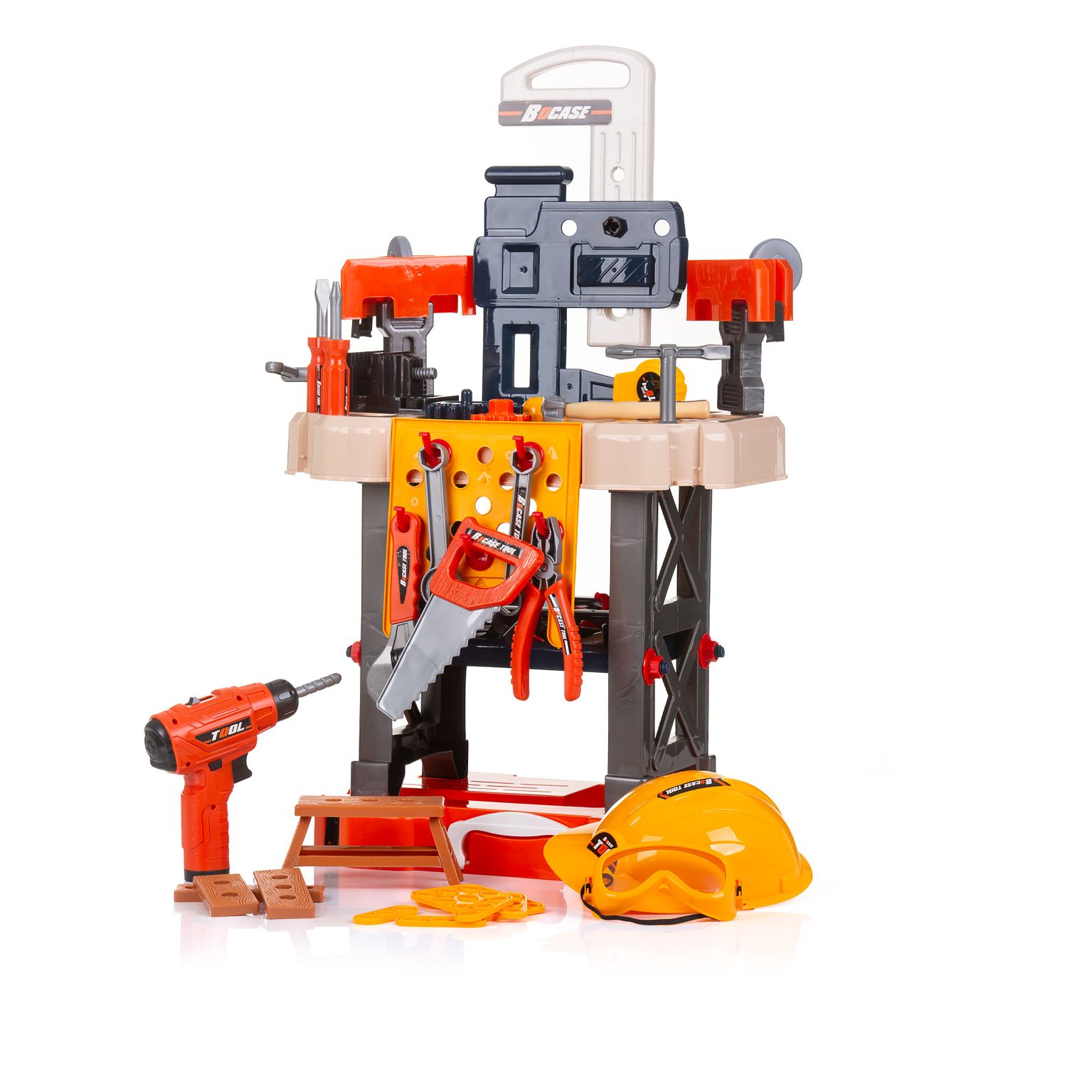 Chipolino Kinderwerkbank, 78-teiliges Spielzeugwerkzeugset, Helm, Bohrer, S&auml;ge schwarz 