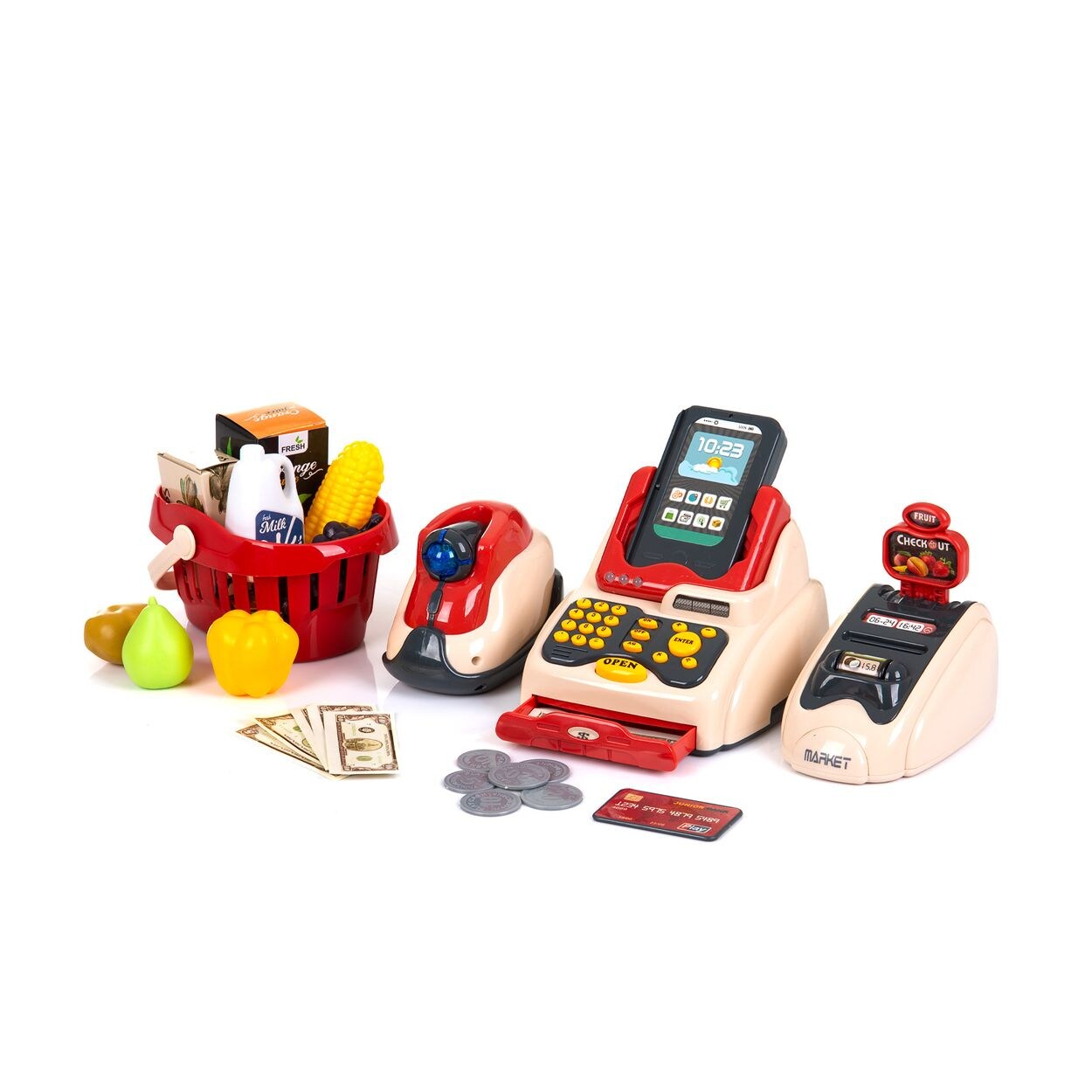 Spielzeug Registrierkasse 24-teilig Scanner Kartenleser Obst Korb Geld rot