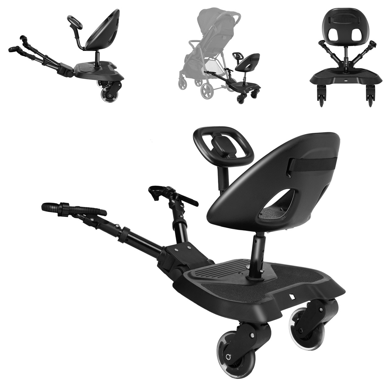 Kikkaboo Kinderwagen Trittbrett schwarz Ally mit Sitz universal, 2-Punkt-Gurt, Lenkrad 