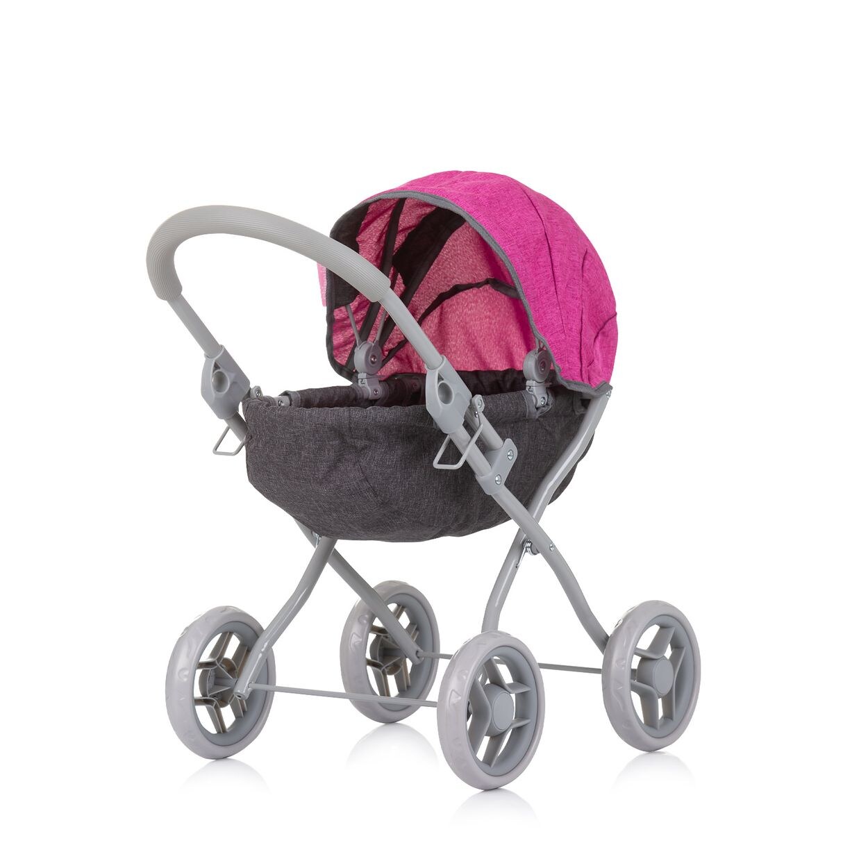 Puppenwagen Daisy klappbar, Sonnendach, vier große Räder, ab 3 Jahren grau pink