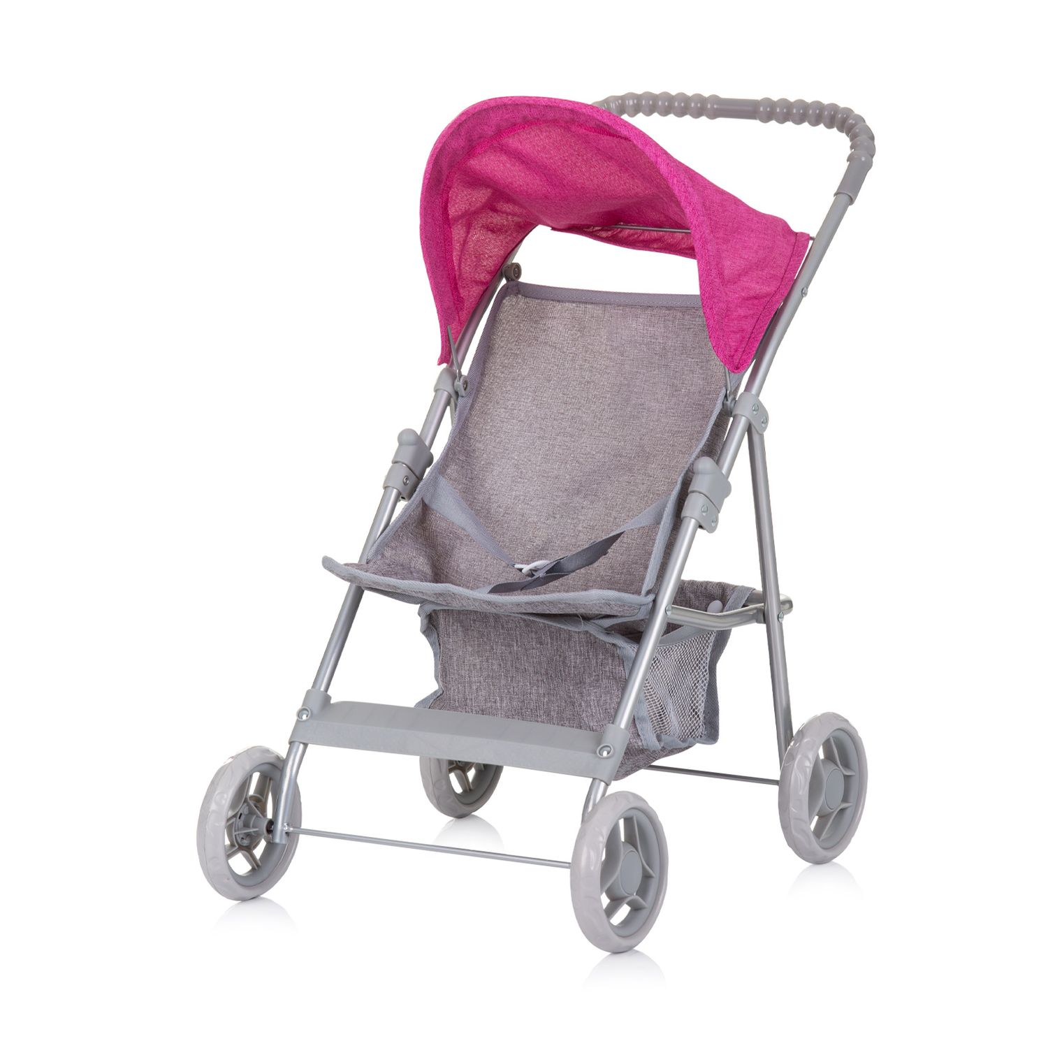 Chipolino Puppenwagen Alice Aufbewahrungskorb klappbar, Sonnendach verstellbar grau pink 