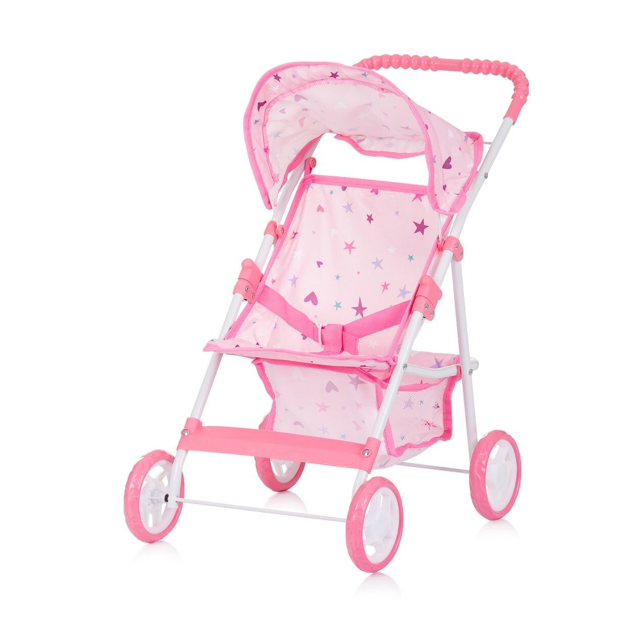 Puppenwagen Alice Aufbewahrungskorb klappbar, Sonnendach verstellbar rosa sterne