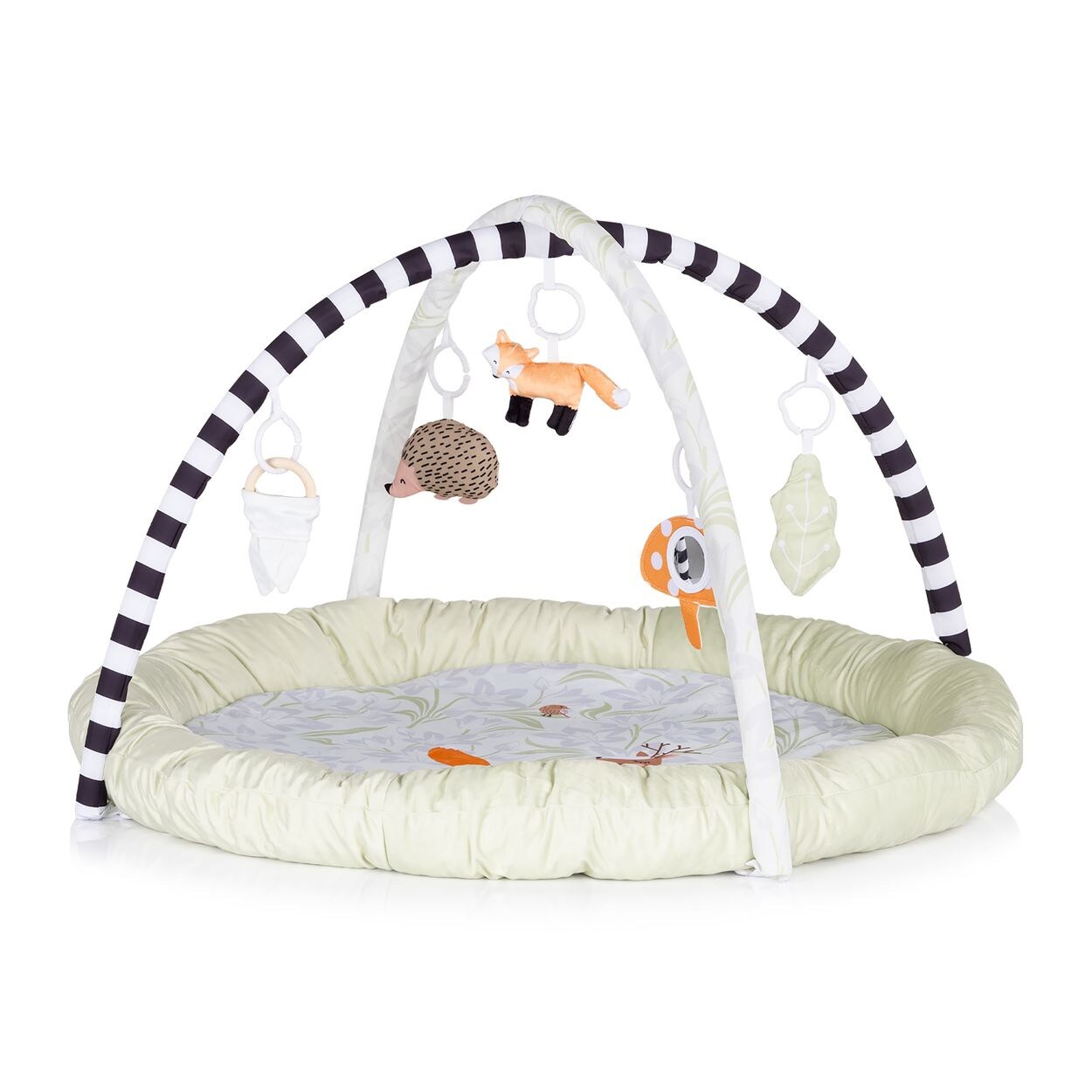 Spielbogen, Krabbeldecke Wald, 5 abnehmbare Hängespielzeuge, ab Geburt beige