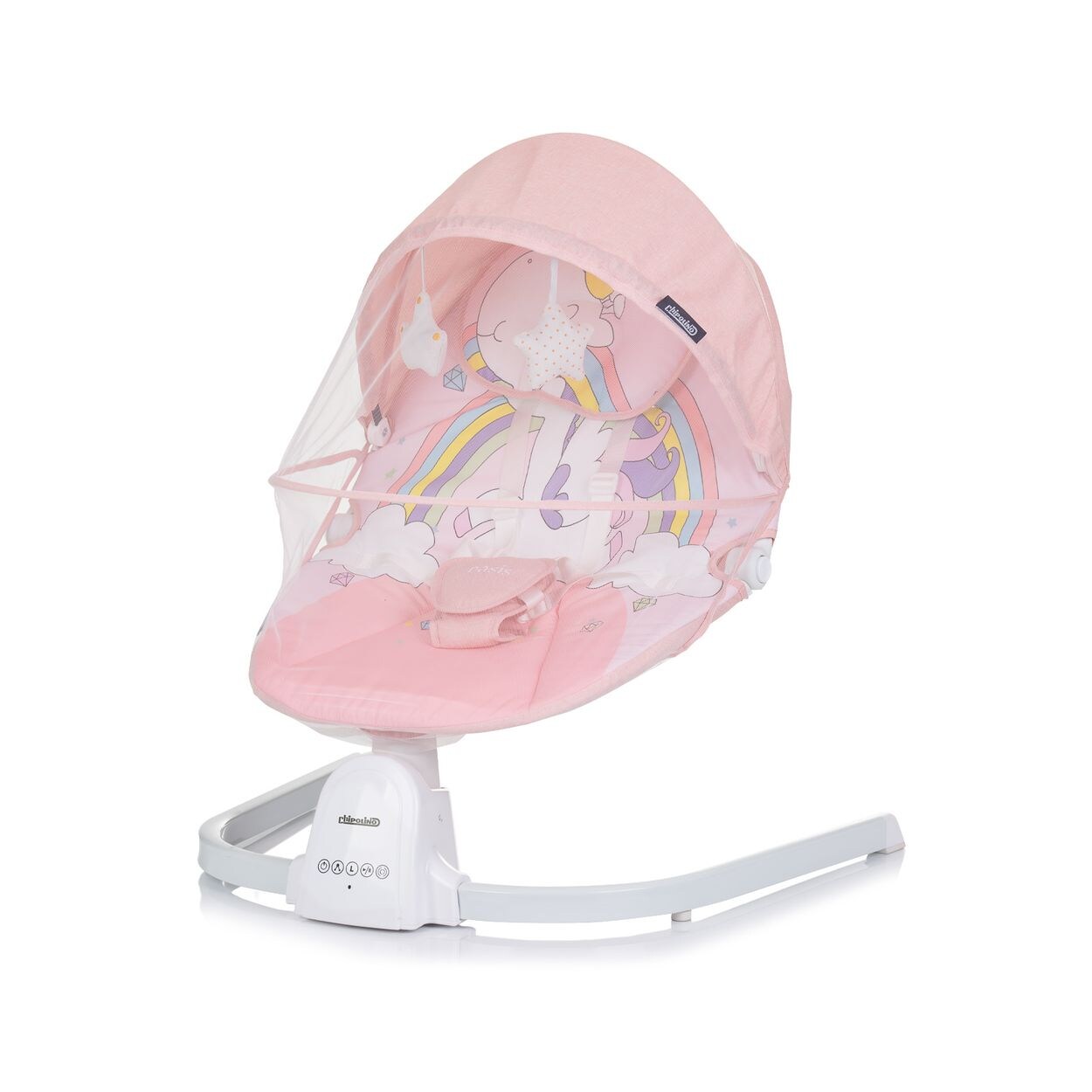 Chipolino Babywippe Oasis Fernbedienung, Timer, Moskitonetz, Gurt, Plüschtiere pink