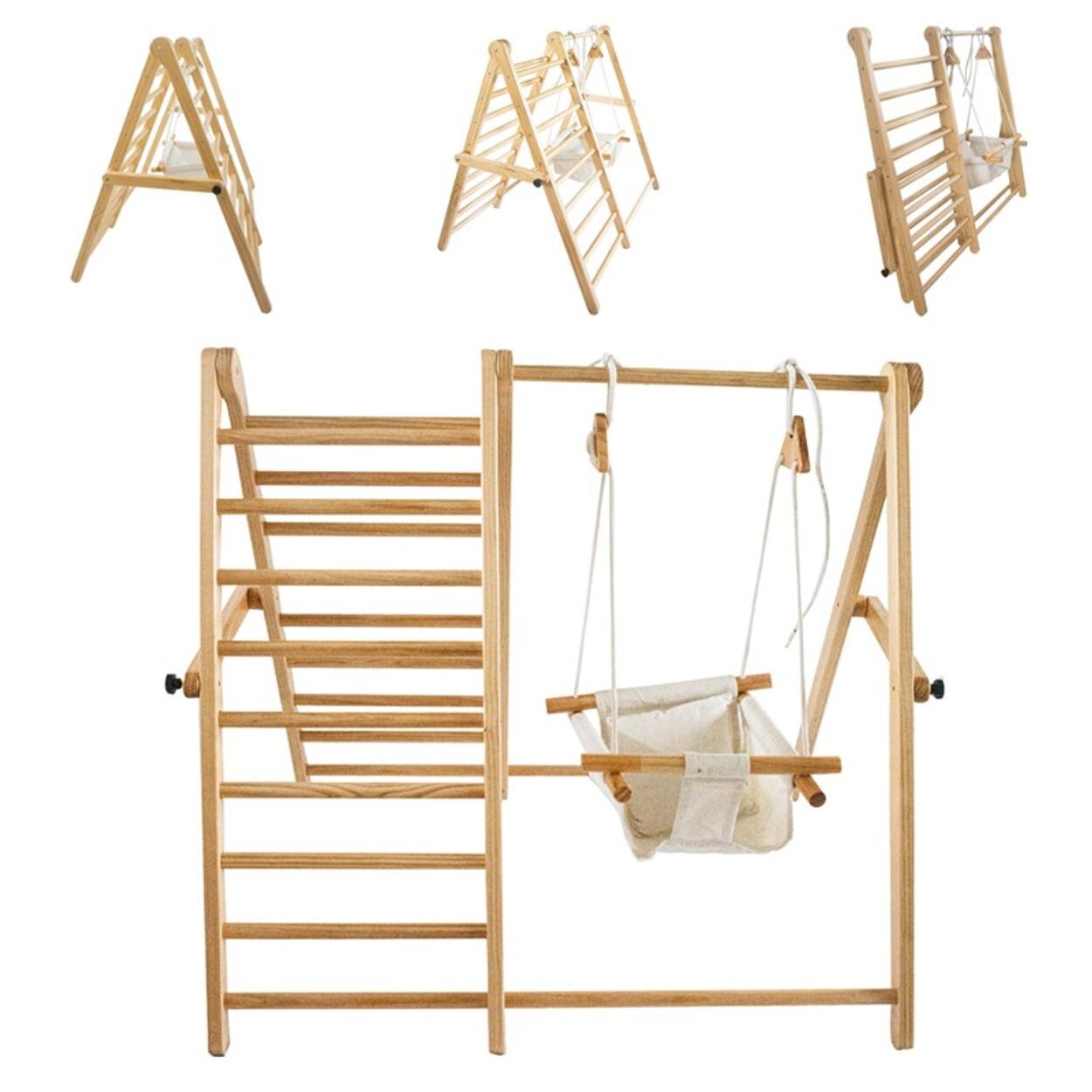 Holz-Klettergerüst 2 in 1 höhenverstellbare Schaukel, zusammenklappbar braun