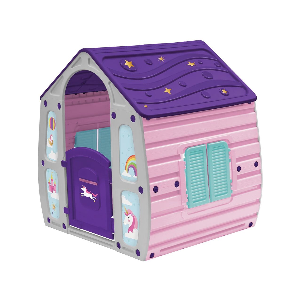 Kinderspielhaus Magical Einhorn Türe, Fensterläden, Zaun, Aufkleber lila