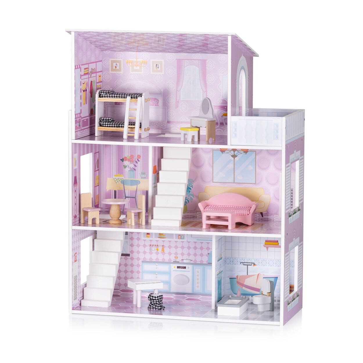 Holz-Puppenhaus 12-teiliges Möbel-Set, Treppen, 3-Ebenen, ab 3 Jahren rosa