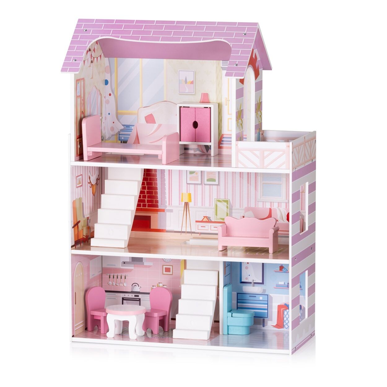 Holz-Puppenhaus 7-teilig Balkon, Stühle, Tisch, Bett, Sofa, Schrank rosa