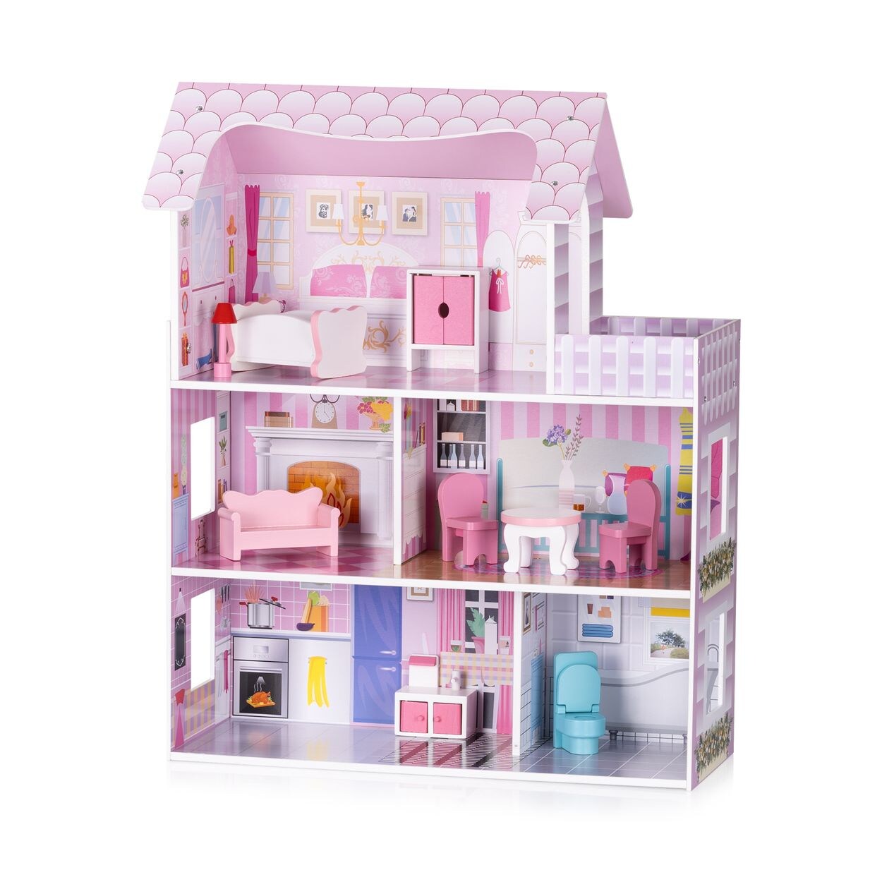 Holz-Puppenhaus 9-teilig Badezimmer, 5 Räume, Balkon, Schlafzimmer rosa