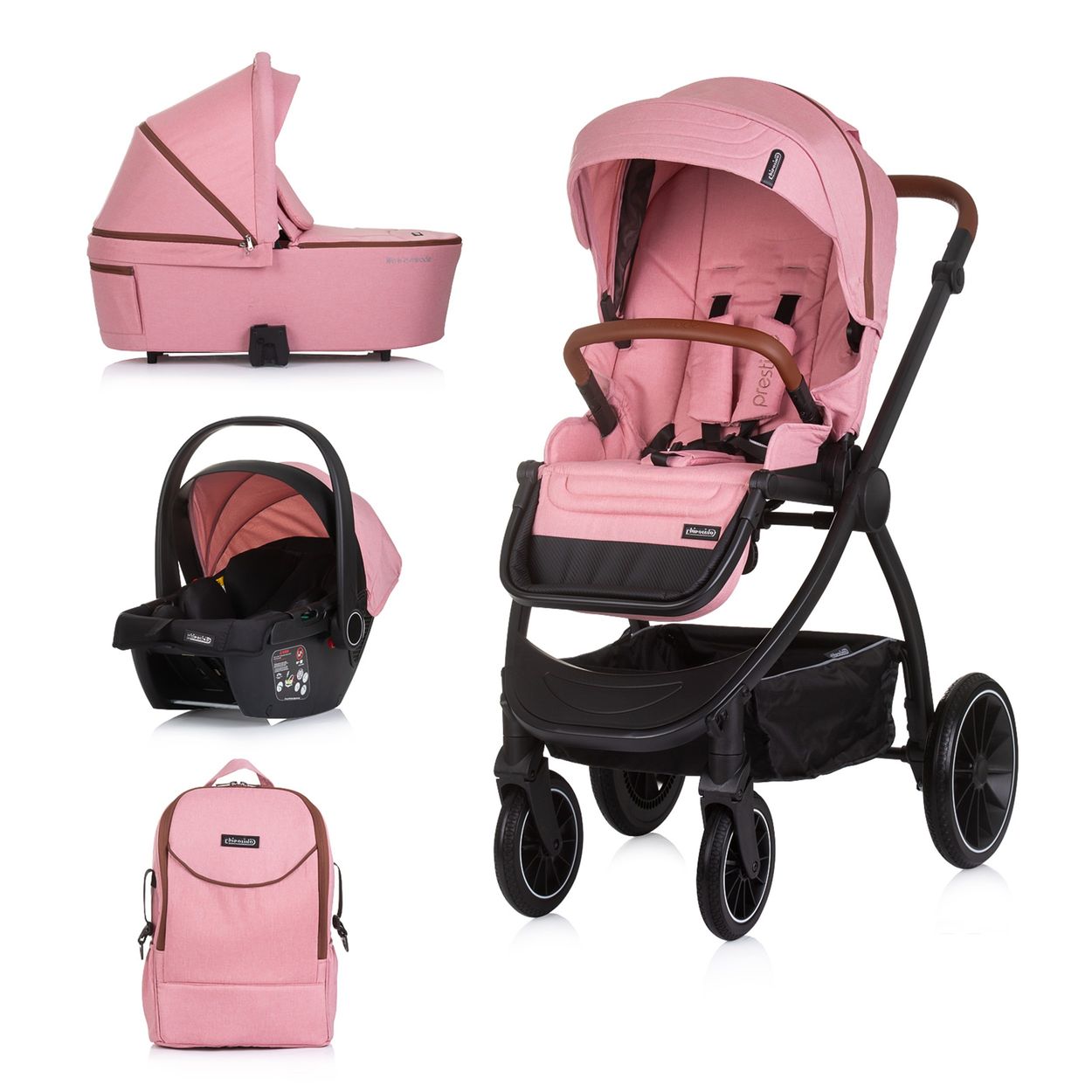 Chipolino Kombikinderwagen 3 in 1 Prestige Babywanne Rucksack i-Size Babyschale rosa 