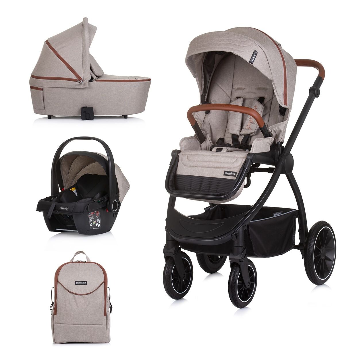 Kombikinderwagen 3 in 1 Prestige Babywanne Rucksack i-Size Babyschale beige