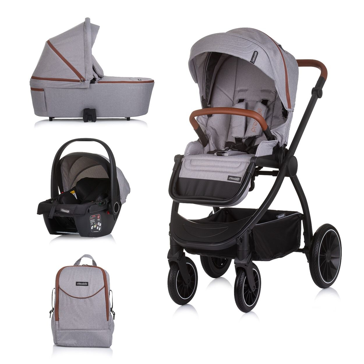 Kombikinderwagen 3 in 1 Prestige Babywanne Rucksack i-Size Babyschale grau