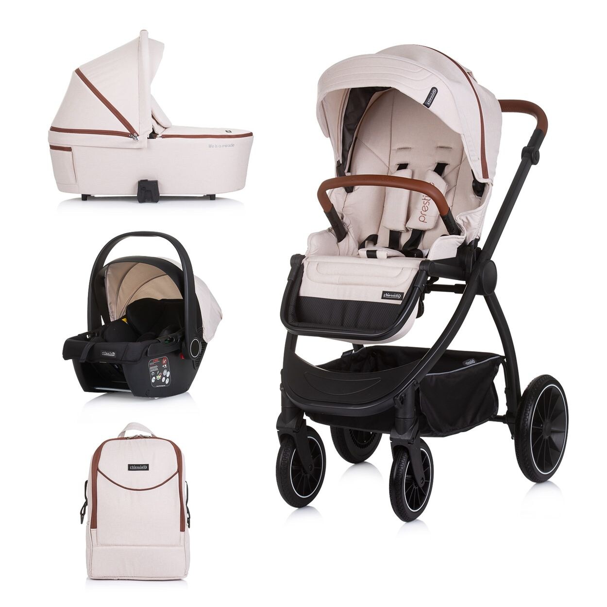 Kombikinderwagen 3 in 1 Prestige Babywanne Rucksack i-Size Babyschale beige braun