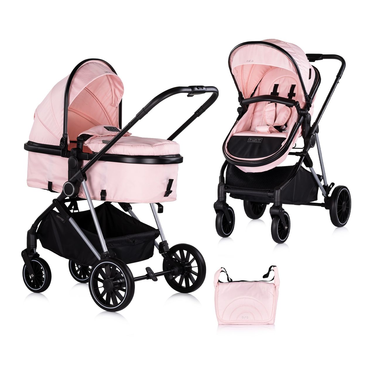 Chipolino Kinderwagen Aura 2 in 1 umbaubar Wickeltasche Sitz umkehrbar bis 22 kg pink 